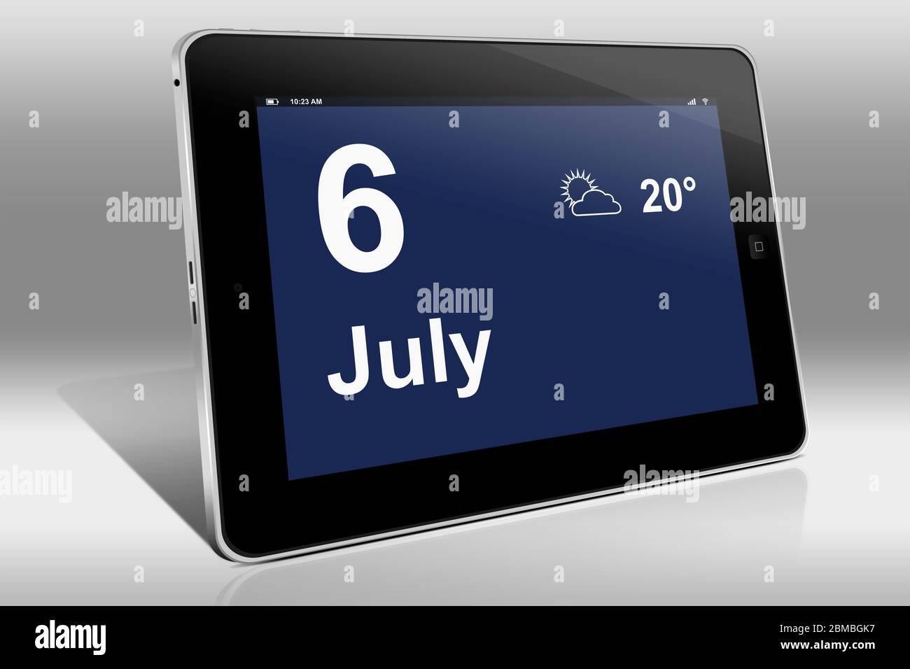 Un tablet visualizza un calendario in lingua inglese con la data 6 luglio | Ein Tablet-computer zeigt in Englischer Sprache den 6. Juli Foto Stock