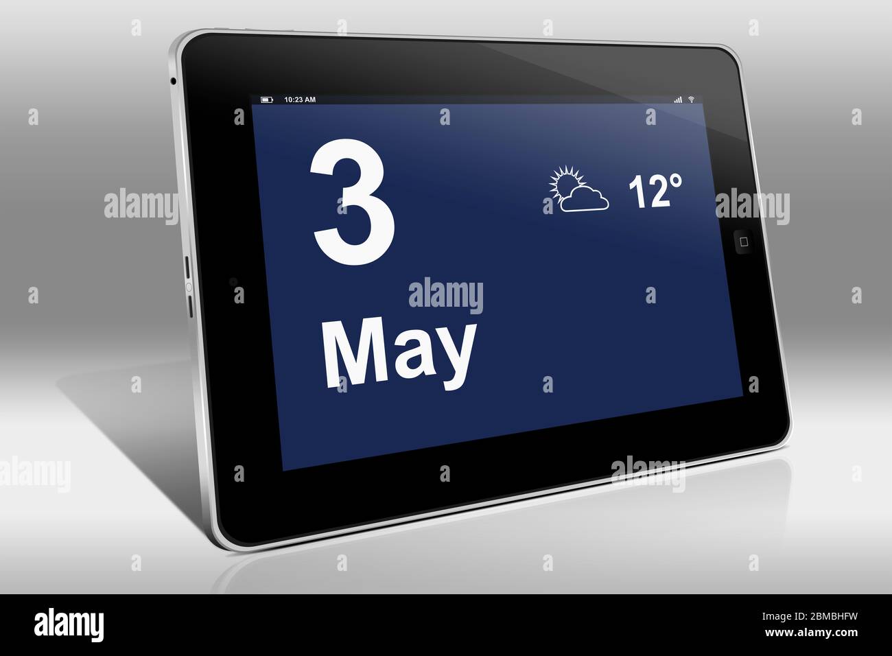 Un tablet visualizza un calendario in lingua inglese con la data 3 maggio | Ein Tablet-computer zeigt in Englischer Sprache den 3. Mai Foto Stock
