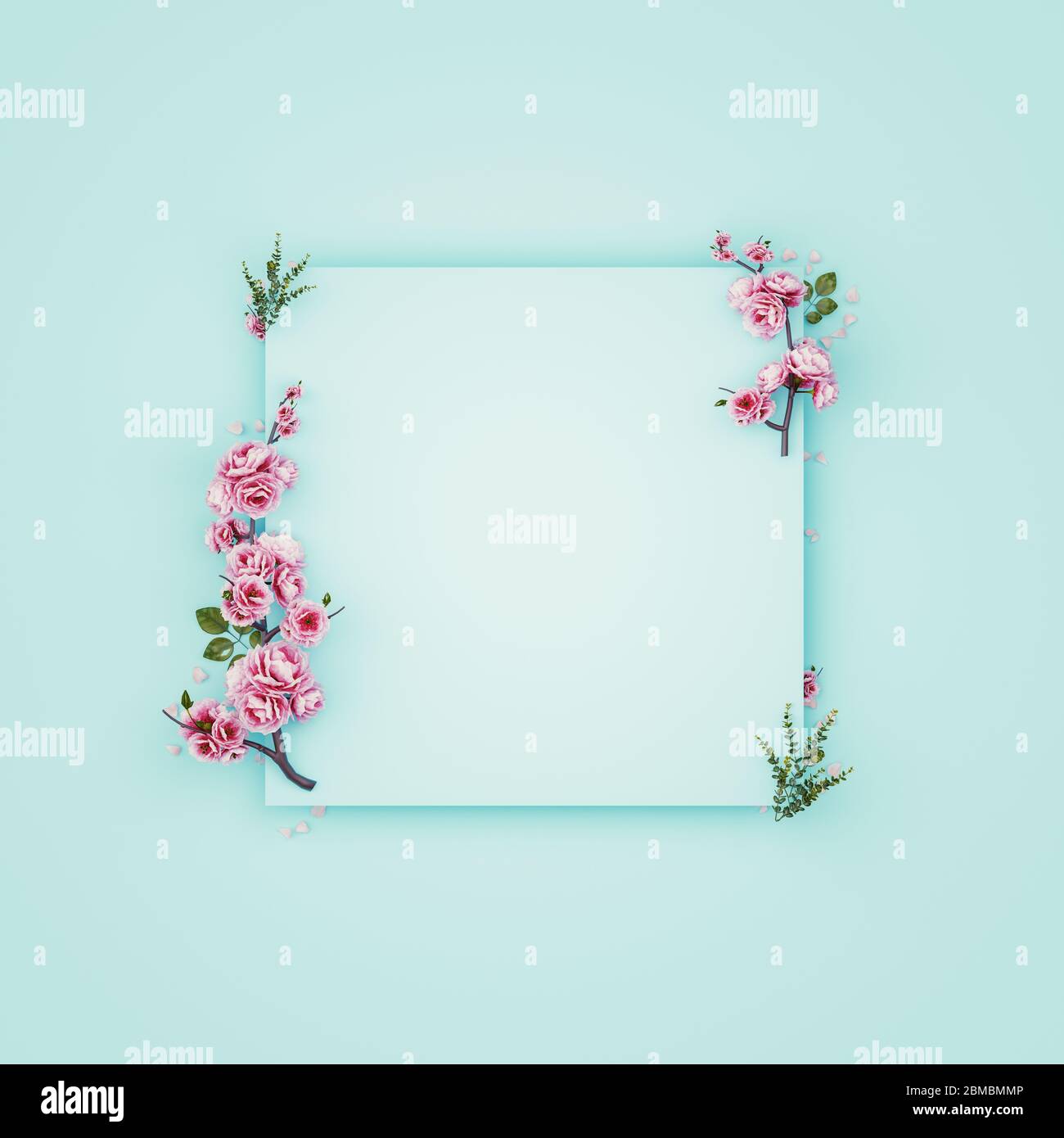 Composizione dei fiori. Carta bianca, fiori rosa su sfondo blu pastello. Disposizione piatta, vista dall'alto, spazio per copia, quadrato. rendering 3d Foto Stock