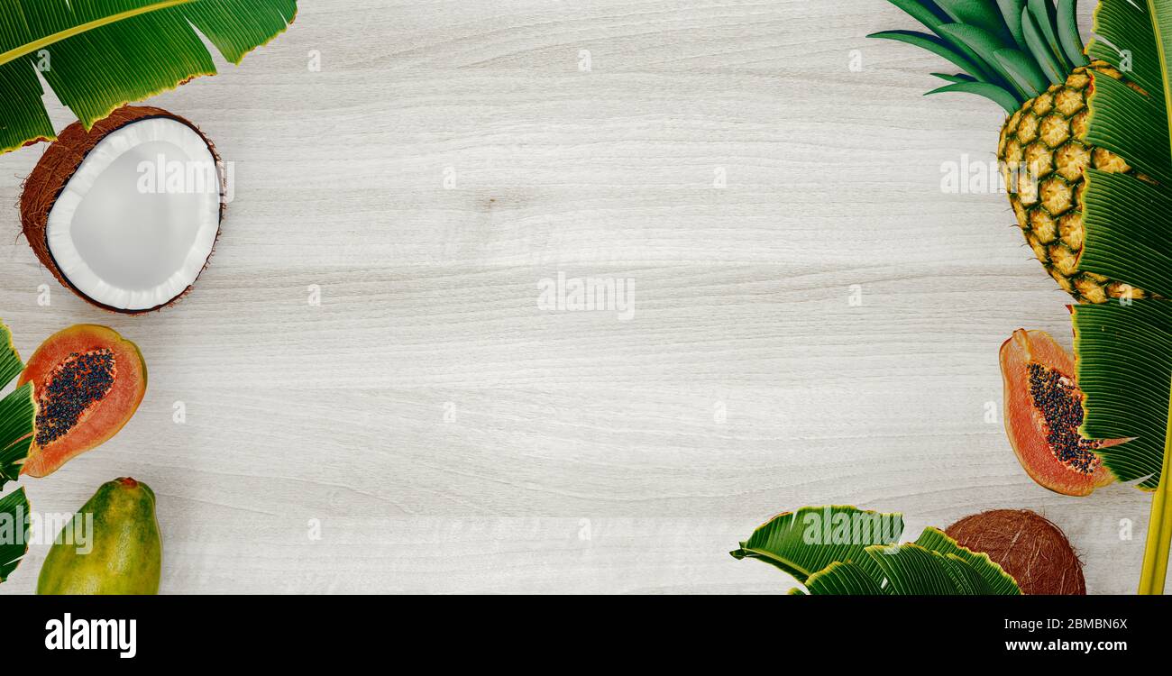 Composizione estiva. Foglie di palma tropicale, ananas, cocco su sfondo di legno. Concetto estivo. Disposizione piatta, vista dall'alto, spazio per la copia. rendering 3d Foto Stock