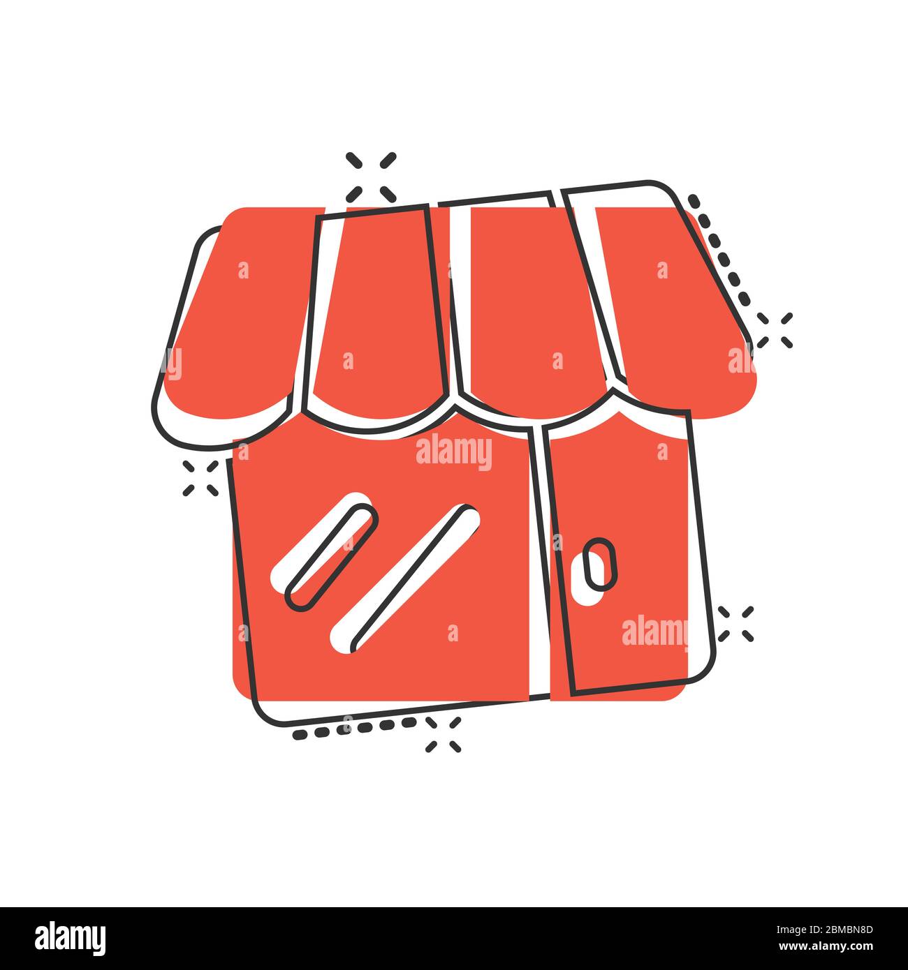 Icona Mall in stile comico. Memorizzazione di illustrazioni vettoriali su sfondo bianco isolato. Acquista Splash Effect business concept. Illustrazione Vettoriale