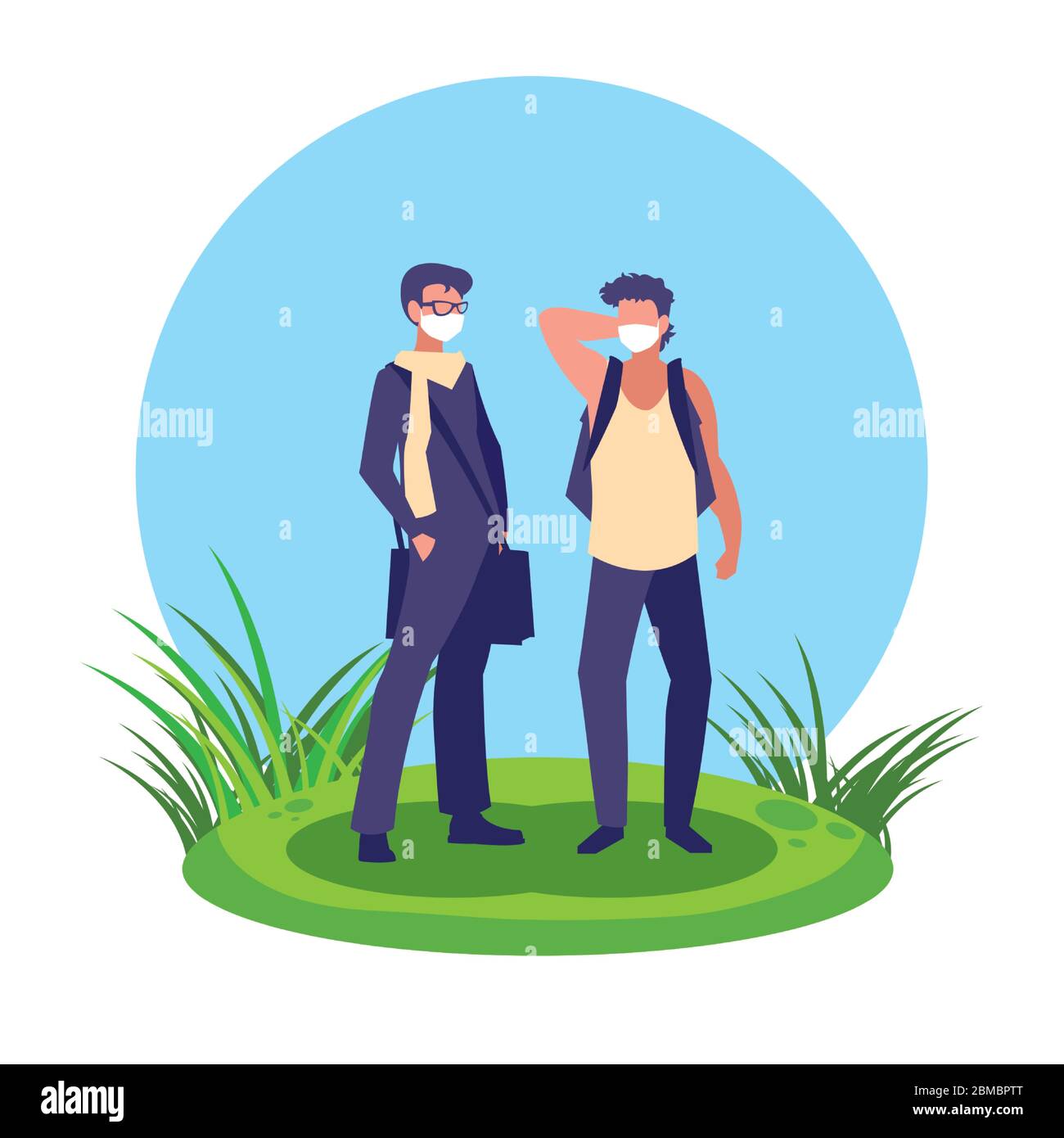 Avatar uomo con maschere fuori dal disegno del tema del virus Covid 19 illustrazione vettoriale Illustrazione Vettoriale