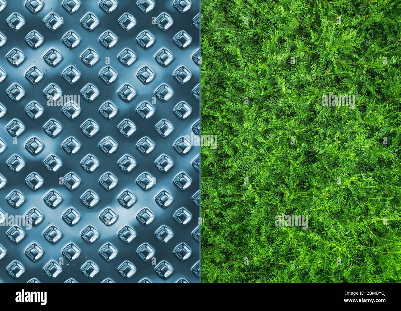 Futuristica struttura metallica e verde pianta in un'unica immagine di sfondo Foto Stock