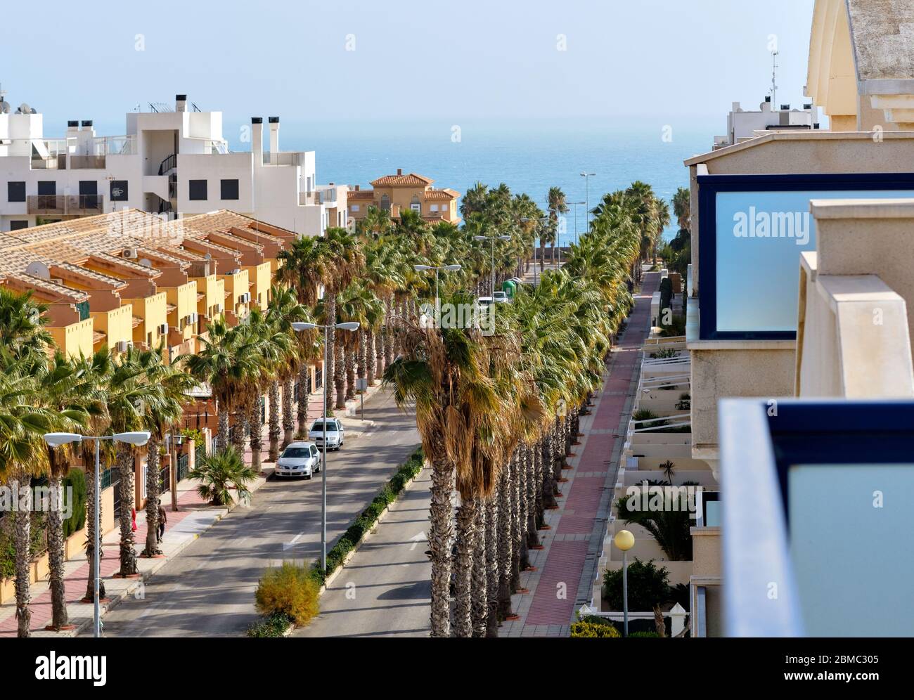 Vista dall'alto della strada cittadina di Torrevieja dal balcone di un alto edificio residenziale. Pittoresca strada costiera urbana costeggiata da palme vicino al Mar Mediterraneo Spagna Foto Stock