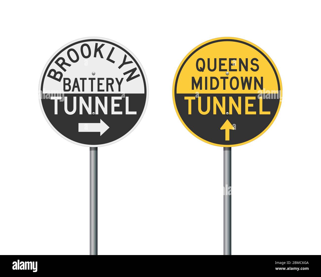 Illustrazione vettoriale dei cartelli stradali Brooklyn e Queens Tunnels sui pali metallici Illustrazione Vettoriale
