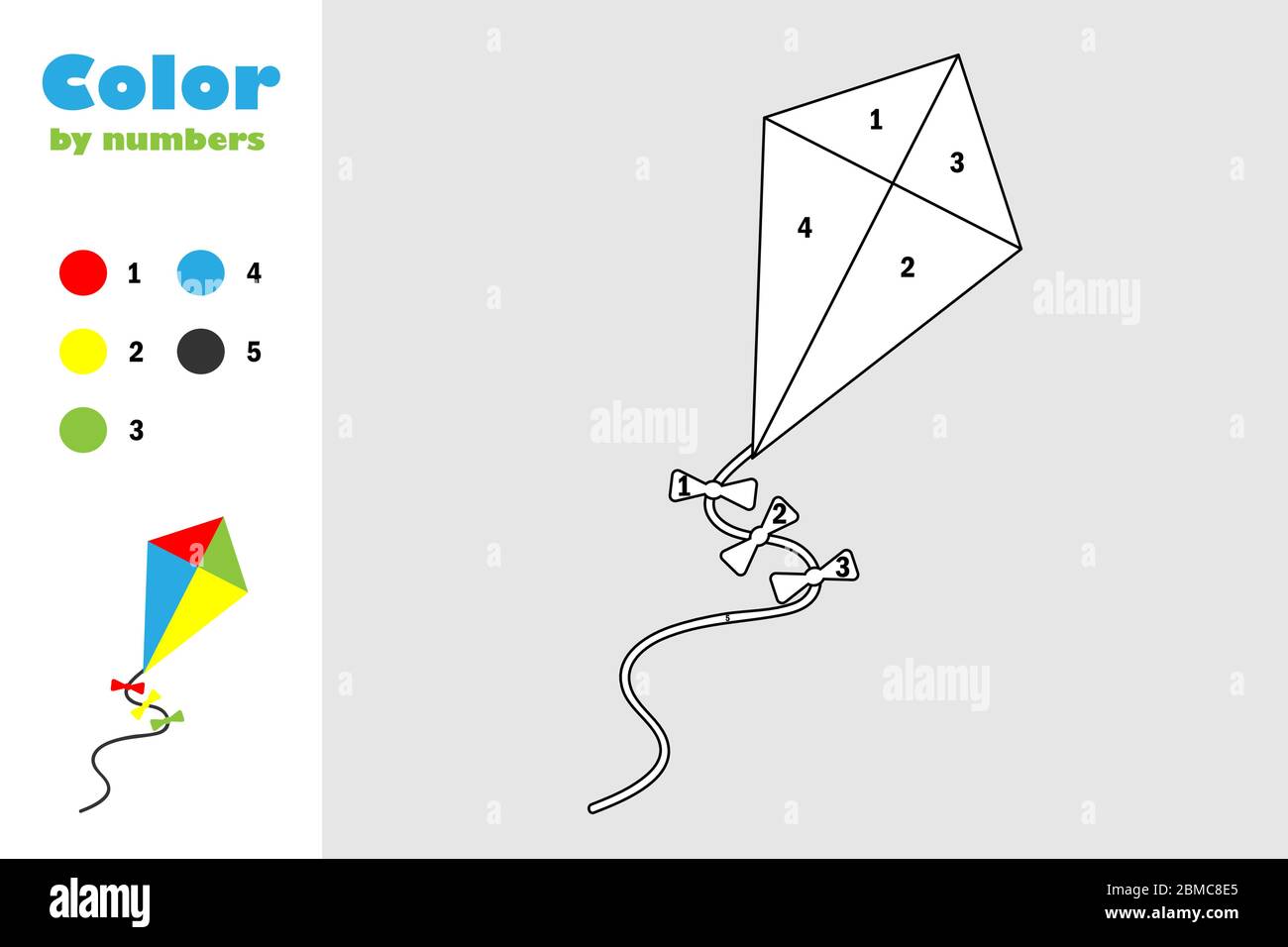 Kite in stile cartoon, colore per numero, carta educazione gioco per lo sviluppo dei bambini, pagina da colorare, bambini attività prescolare, worksh stampabile Illustrazione Vettoriale