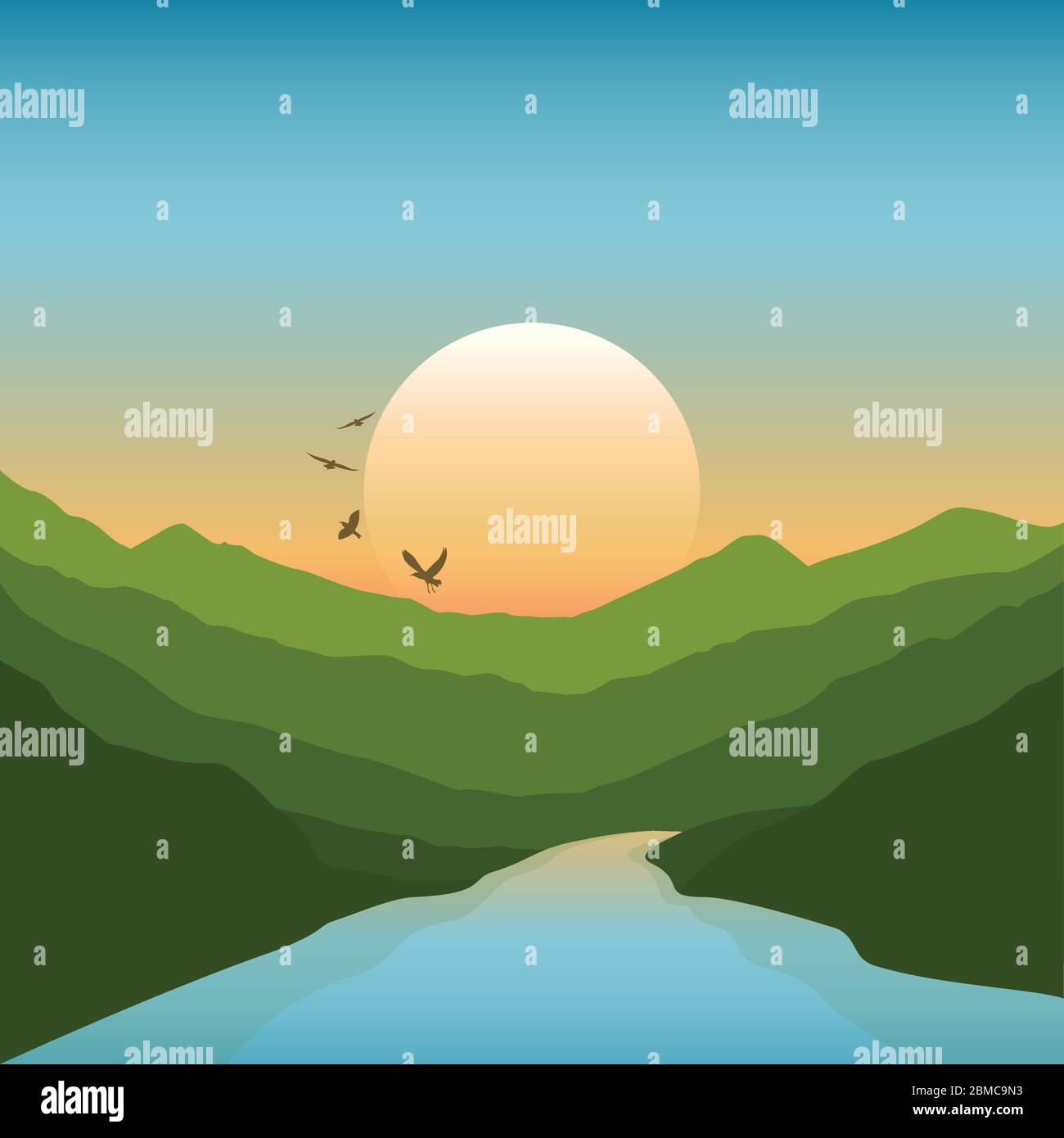 Tranquillo fiume in montagna verde paesaggio estivo al tramonto vettore illustrazione EPS10 Illustrazione Vettoriale