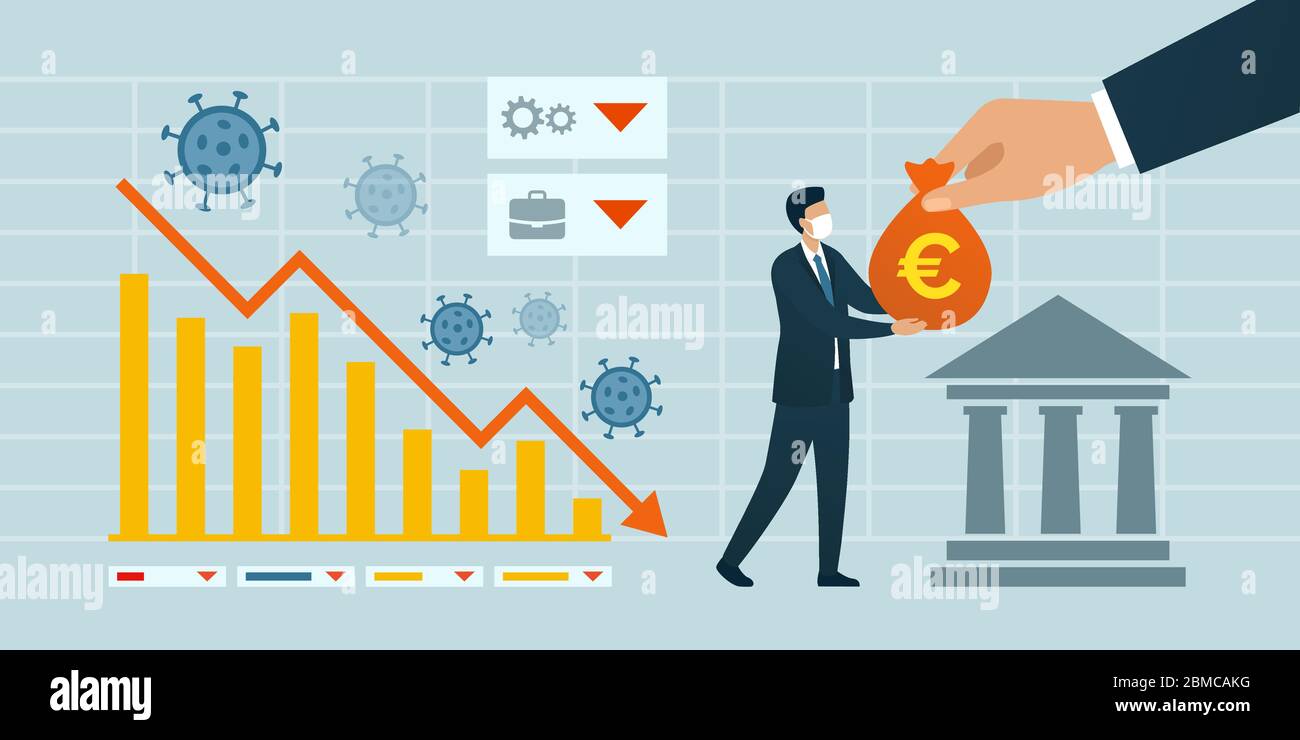 Impatto del coronavirus covid-19 sull'economia e la risposta: Grafico finanziario che mostra la crisi finanziaria e l'imprenditore che riceve fondi dal governo e c Illustrazione Vettoriale