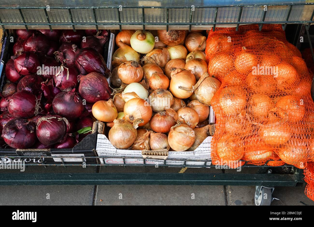 Cipolle rosse e marroni in vendita nel negozio di alimentari Foto Stock