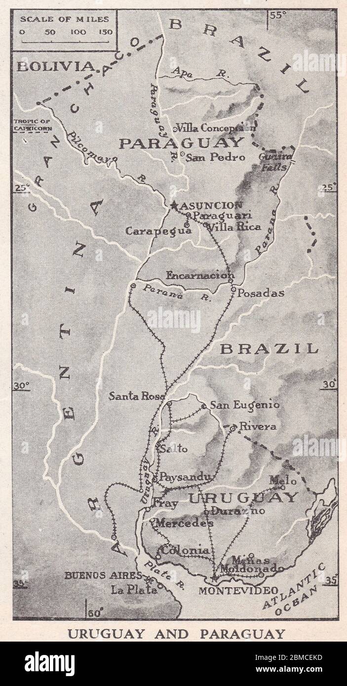 Mappa d'epoca dell'Uruguay e del Paraguay. Foto Stock