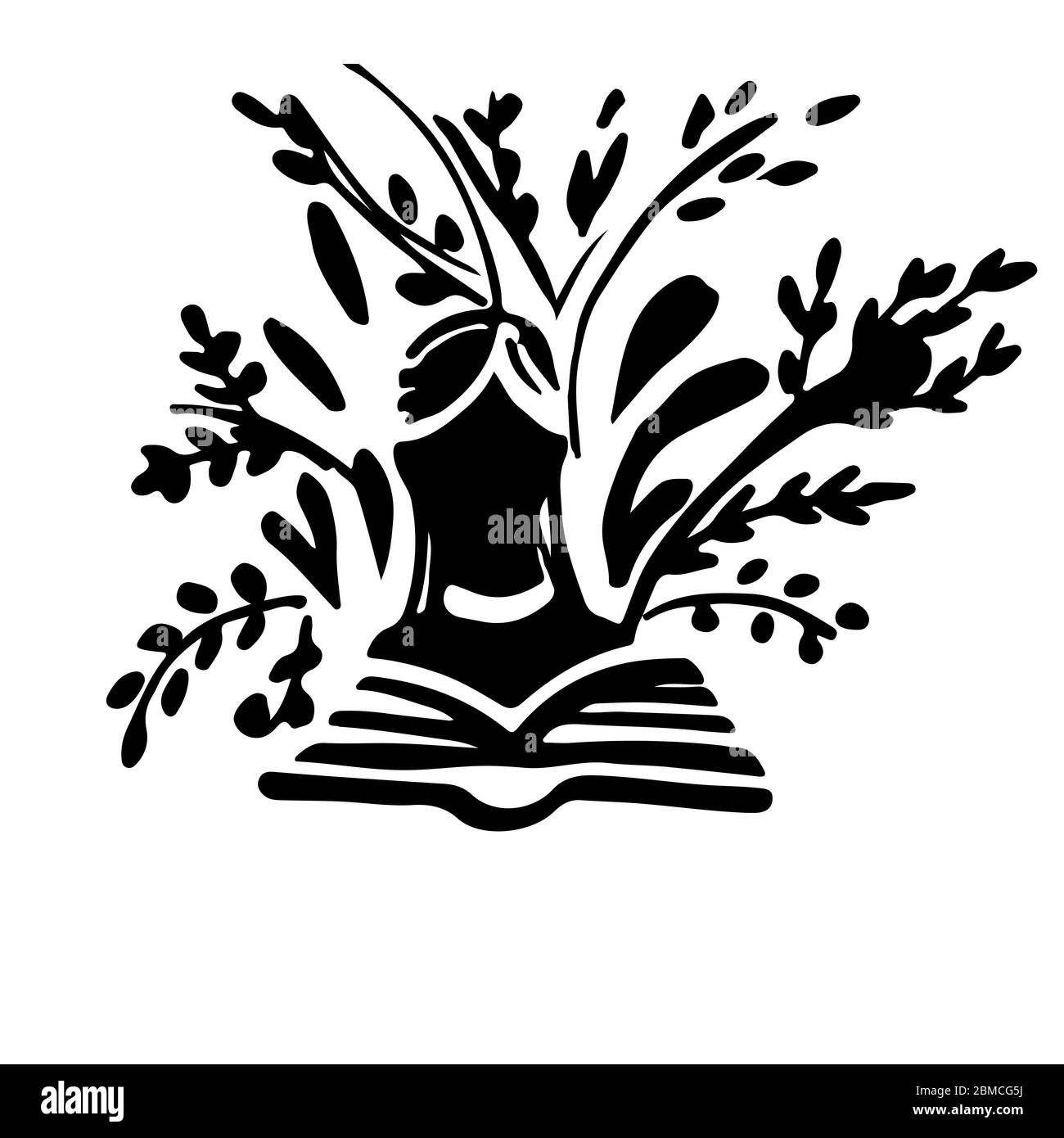 Ragazza silhouette nera che legge il libro e la vegetazione piatta vettore illustrazione su sfondo bianco Illustrazione Vettoriale