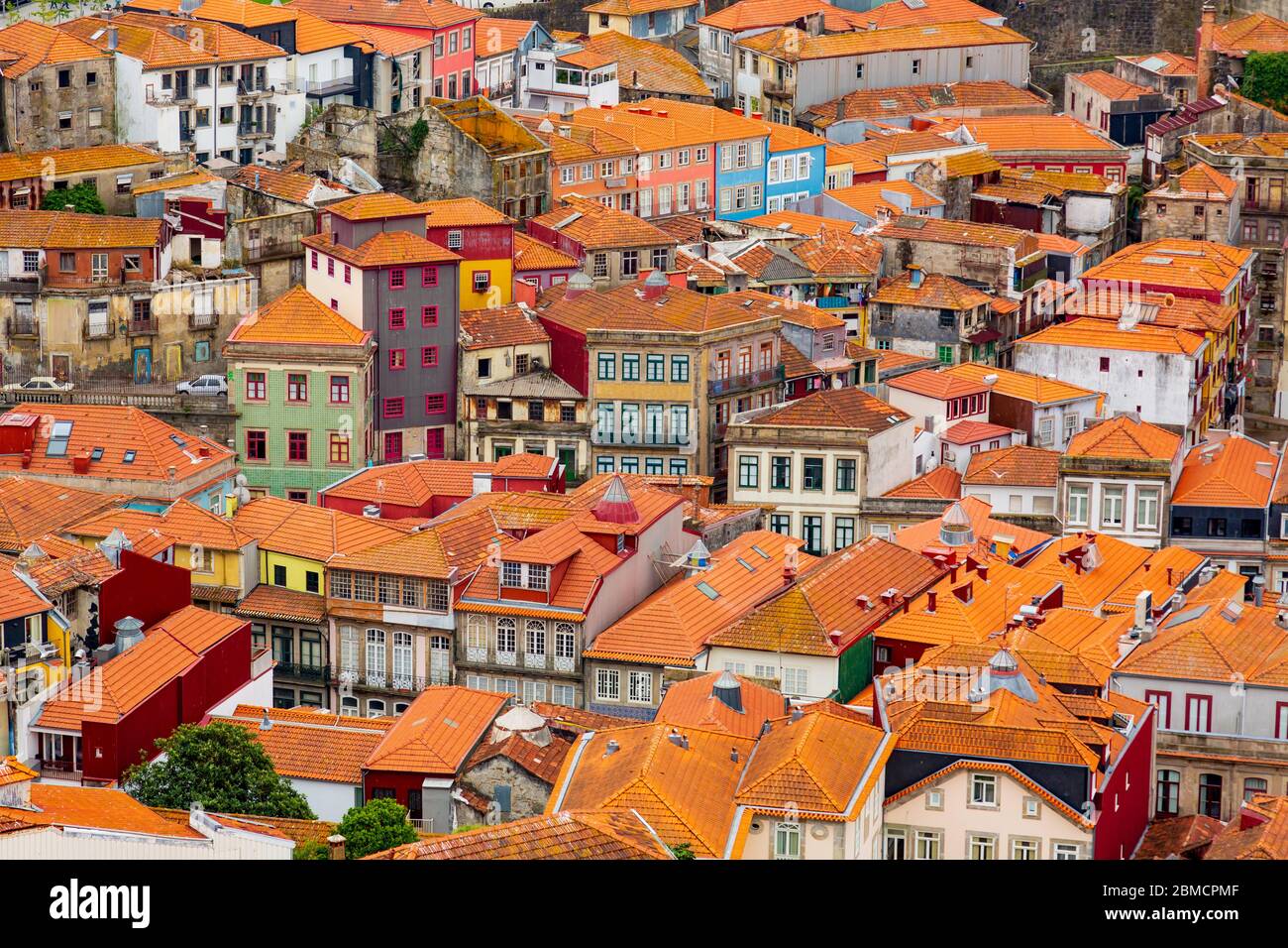 Vecchi edifici storici con tetti arancioni nella città di Porto, visto dalla Torre Clerigos, parte della Chiesa dei clergymen, Portogallo Foto Stock