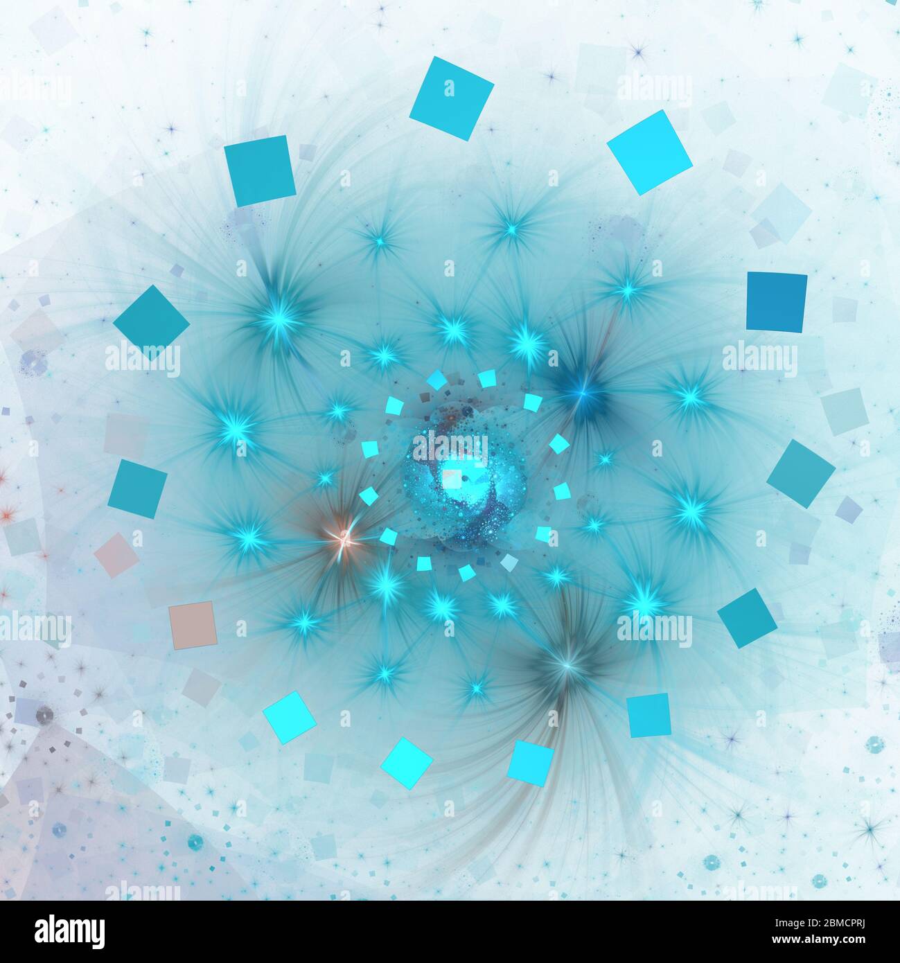 Vortice scintillante. Scintille astratte di teal su sfondo bianco. Fantasia frattale texture. Rendering 3D per arte digitale. Immagine di sfondo a spirale ciano, Illustra Foto Stock