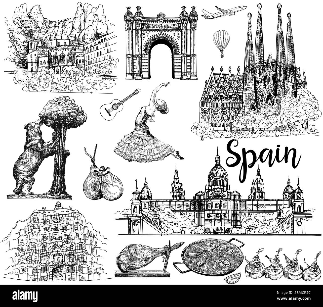Poster / scheda / composizione di disegno colorato a mano disegnato stile Spagna oggetti correlati isolato su sfondo bianco. Illustrazione vettoriale. Illustrazione Vettoriale
