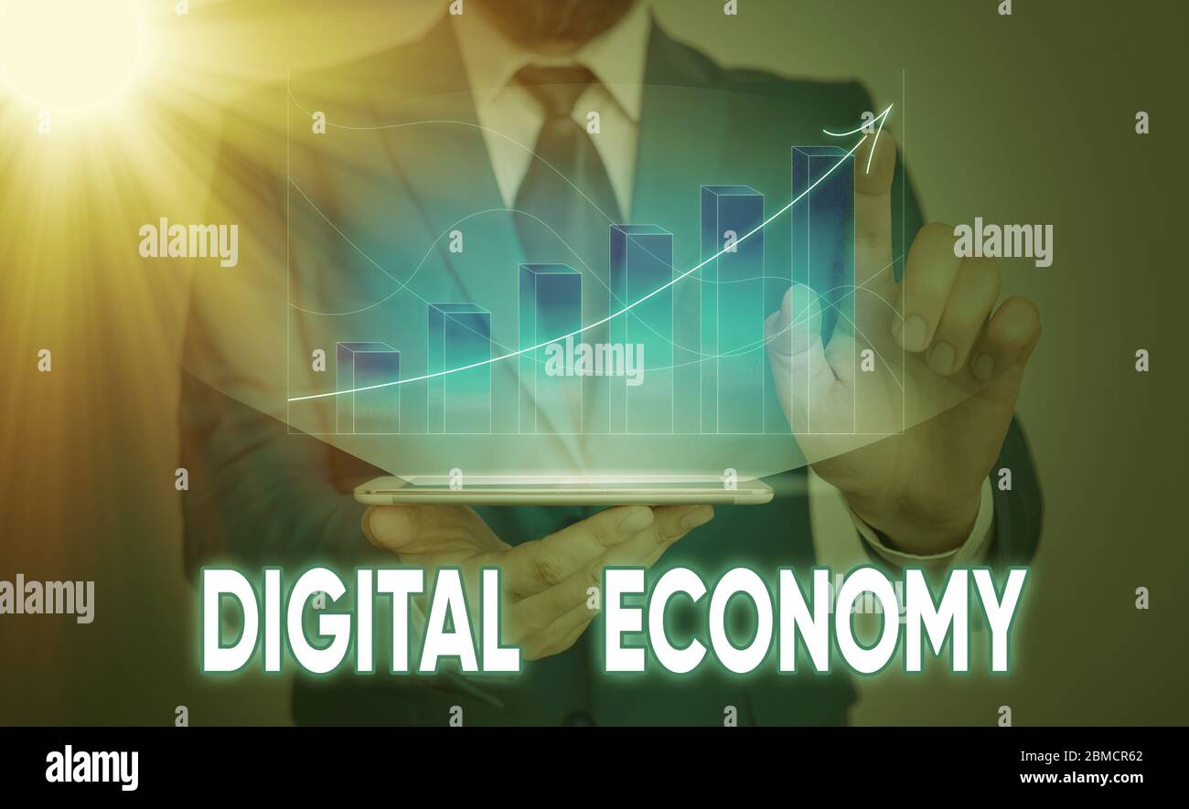 Testo per la scrittura digitale Economia. La fotografia concettuale in tutto il mondo rete di attività e tecnologie economiche Foto Stock