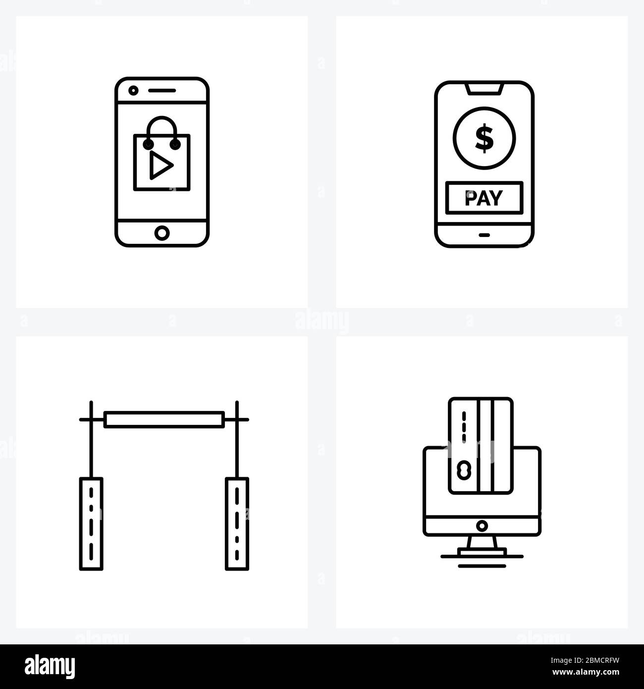 Set di 4 icone e simboli dell'interfaccia utente per dispositivi mobili, esercizi pull-up, pagamenti online, mobile, online banking Illustrazione vettoriale Illustrazione Vettoriale