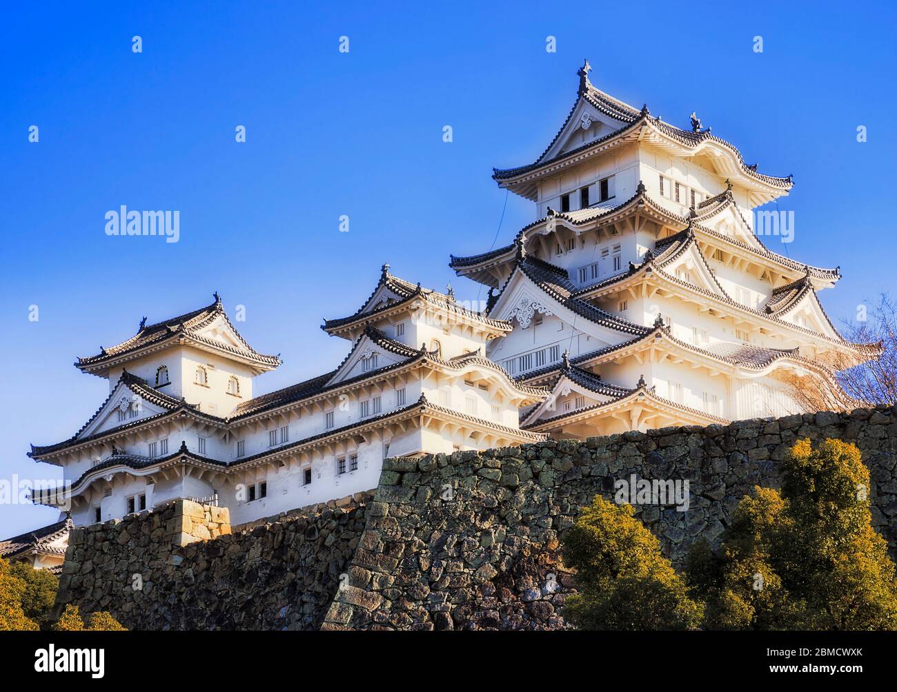 La torre bianca principale dello storico castello giapponese di Himeji è circondata da alte mura di pietra contro il cielo blu chiaro. Foto Stock