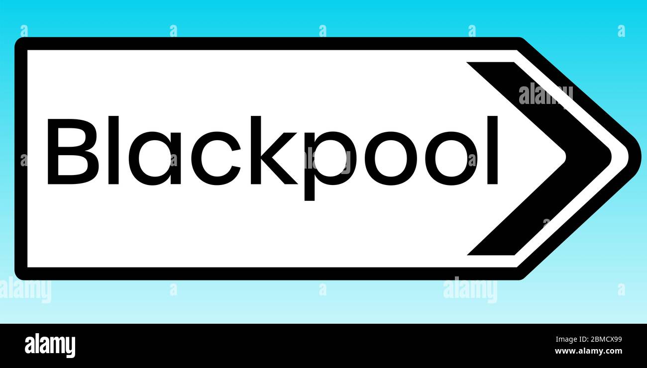 Un'illustrazione grafica di un cartello stradale britannico che indica Blackpool Foto Stock