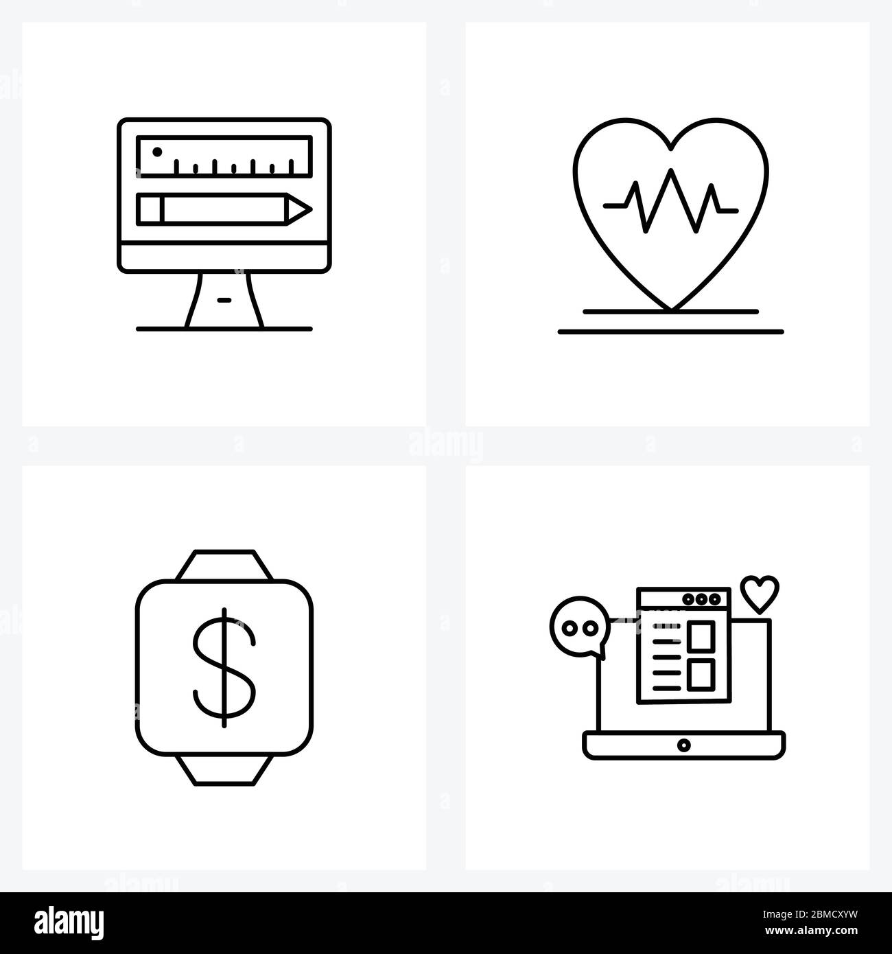 Set di 4 icone semplici di disegno grafico, dollaro, salute, impulsi, computer Vector Illustrazione Illustrazione Vettoriale