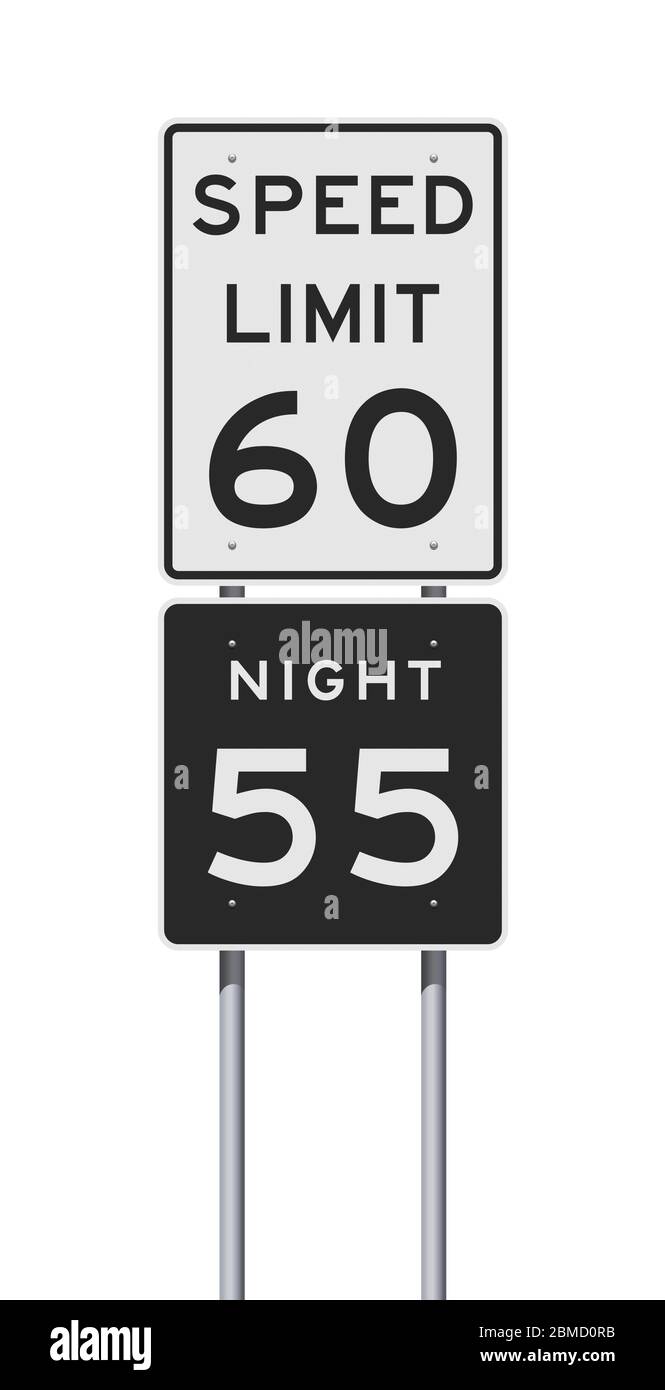 Illustrazione vettoriale dei segnali stradali diurni e notturni del limite di velocità sui pali metallici Illustrazione Vettoriale
