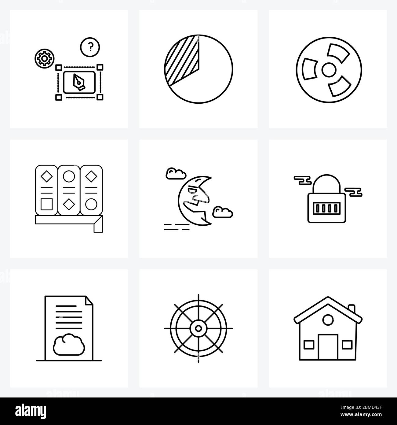 Set di 9 icone e simboli dell'interfaccia utente per Locked, Halloween, fan, moon, book Vector Illustration Illustrazione Vettoriale