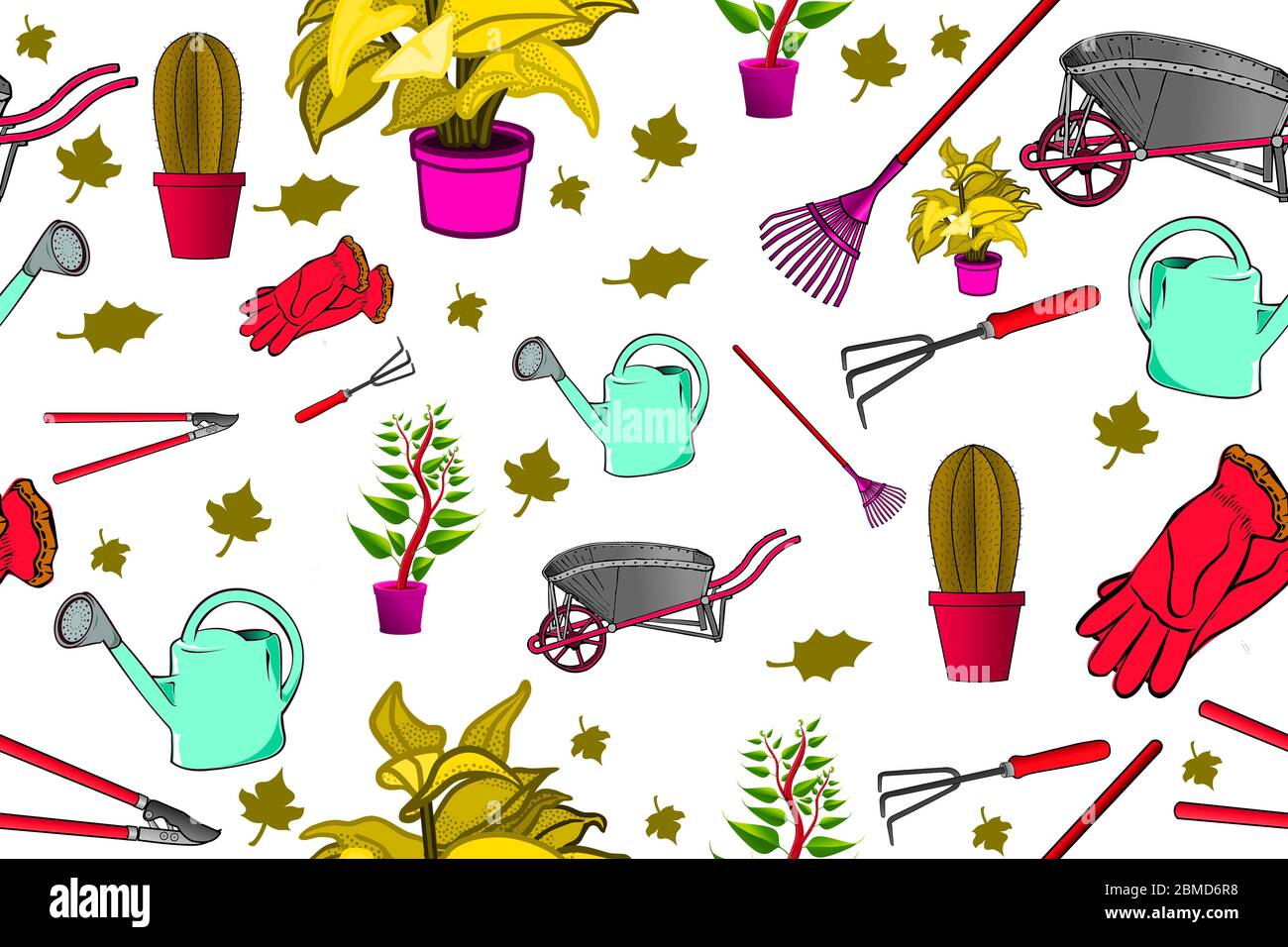 Modello ripetitivo con elementi di giardinaggio su sfondo bianco Foto Stock