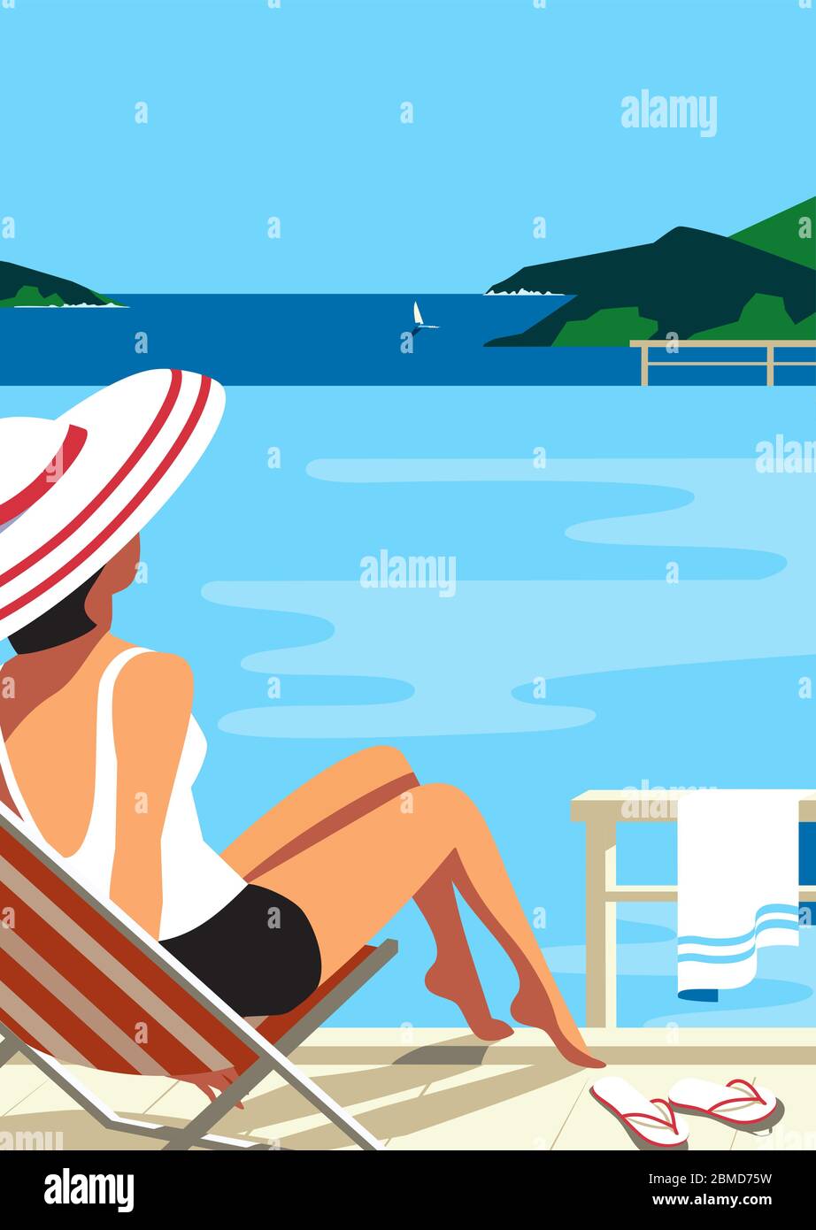 Ragazza relax in piscina sul mare appartamento vettore Illustrazione Vettoriale