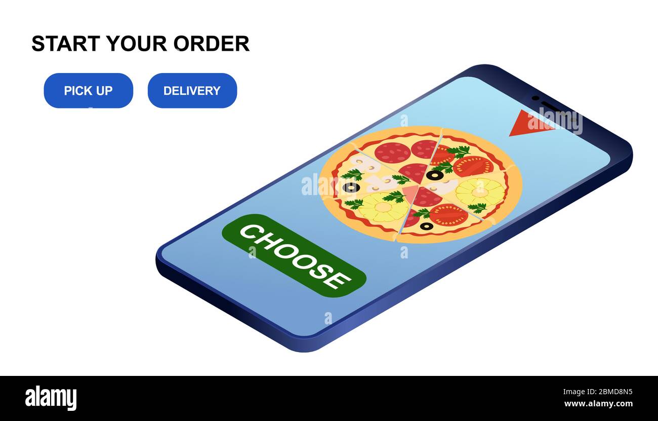 Ordine e consegna online pizza, smartphone isometrico con pizza e richiesta di condimenti per pizza. Servizio di consegna rapida di cibo online, modello per Illustrazione Vettoriale