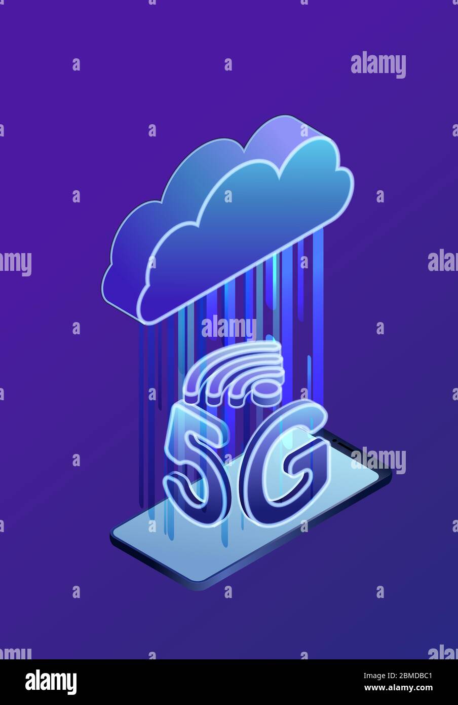 Concetto di servizio cloud wireless Internet Mobile Network con velocità 5G. Telecomunicazioni e backup ad alta velocità. Illustrazione del Vector incandescente Illustrazione Vettoriale