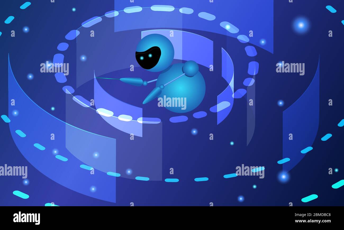 Illustrazione isometrica del vettore Internet Robot. Bot futuristico, intelligenza artificiale. Automazione analitica e di ricerca. Concetto di apprendimento automatico in blu Illustrazione Vettoriale