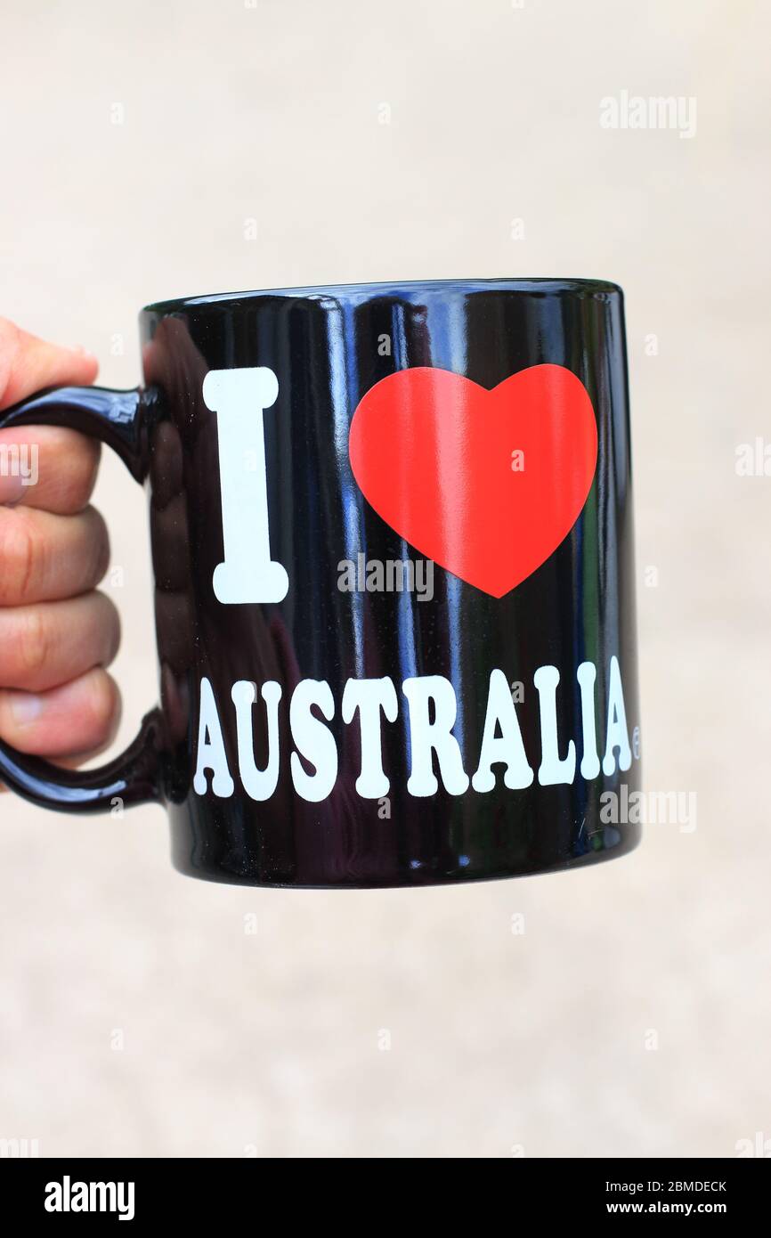 Primo piano della tazza 'i love Australia' Foto Stock