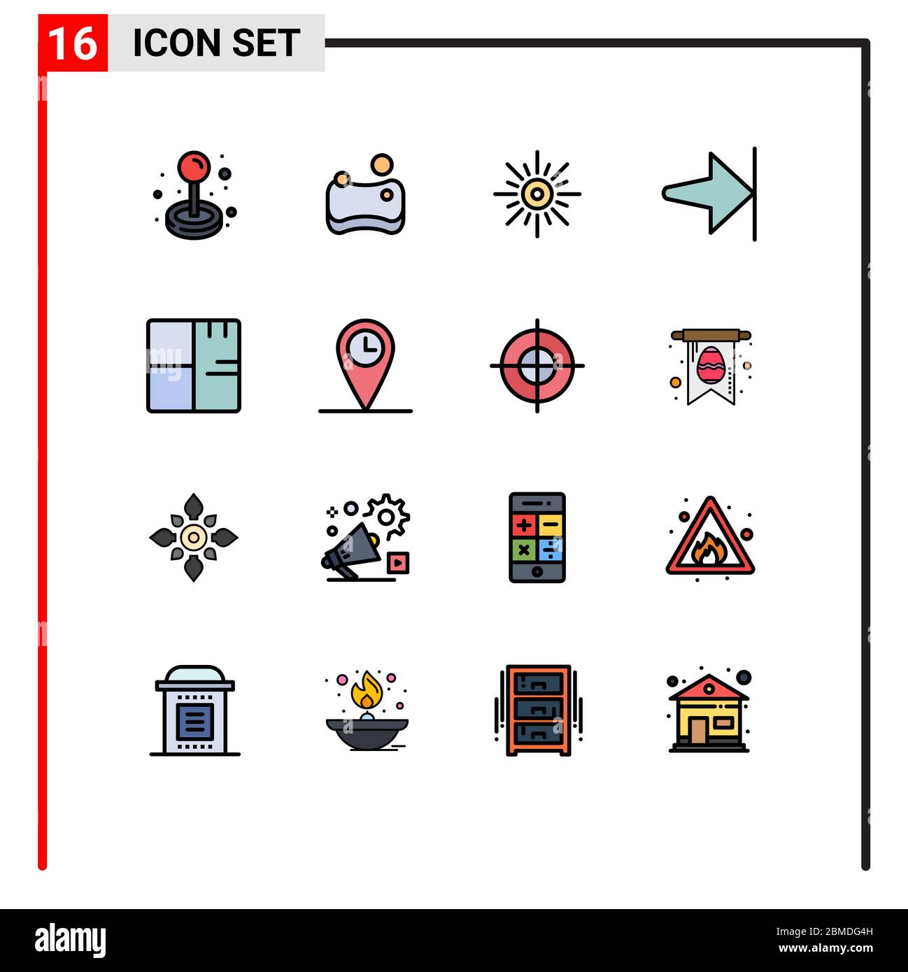 Universal Icon Symbols Gruppo di 16 moderni Flat Color linee piene di edifici, architettura, luce, finitura, freccia Editable Creative Vector Design Elé Illustrazione Vettoriale