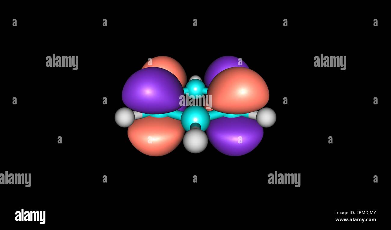 Orbitale molecolare o LUMO più basso non occupato di una molecola di benzene. Illustrazione 3D Foto Stock