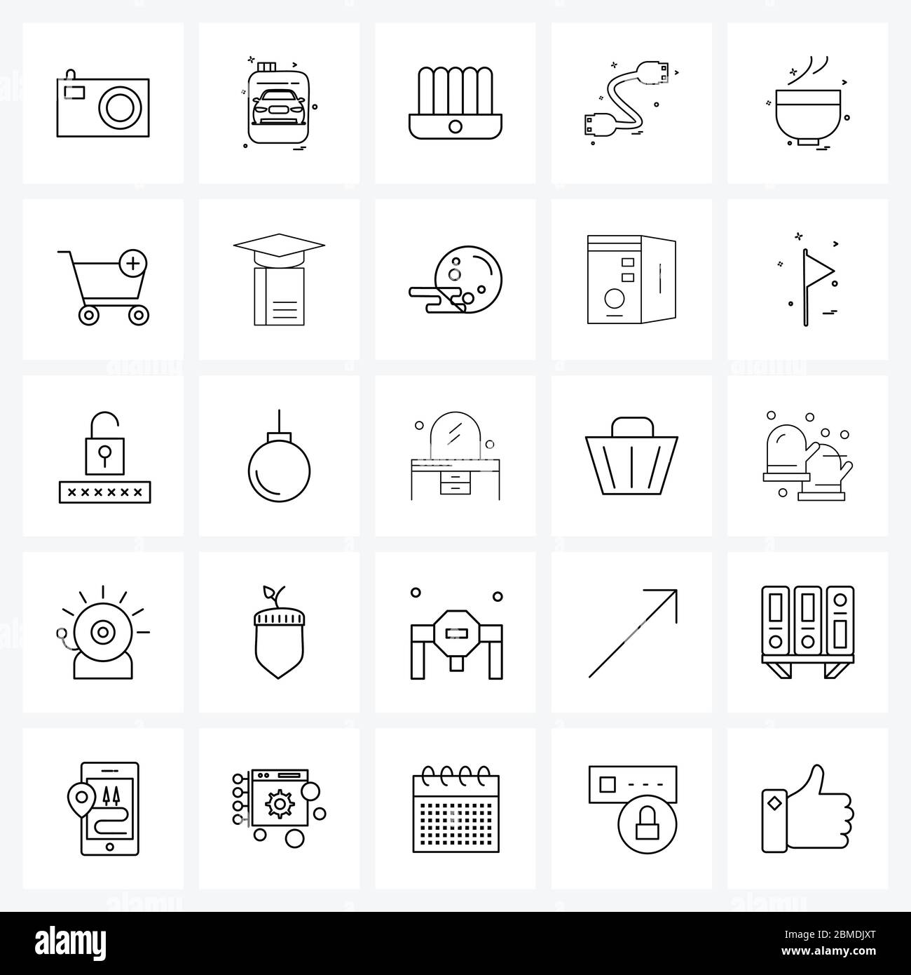 Set di 25 icone e simboli dell'interfaccia utente per cibo, film, impostazione, video, illustrazione di un vettore pasto Illustrazione Vettoriale