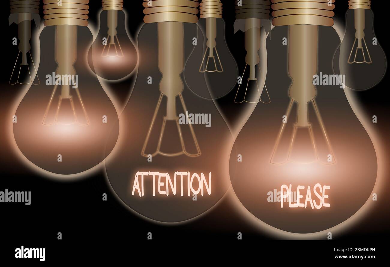 Scrittura concettuale della mano che mostra attenzione per favore. Concetto che significa chiedere mostrare di mettere a fuoco i loro poteri mentali su di voi Foto Stock