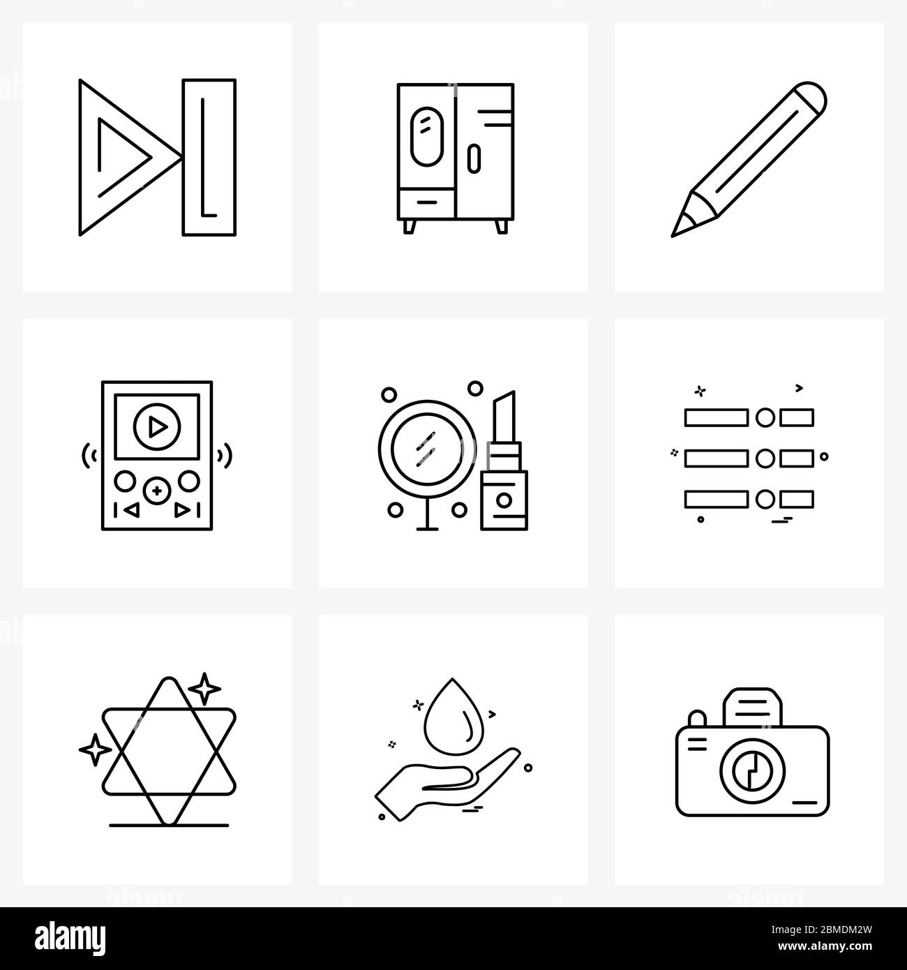 Set di 9 simboli e simboli di tecnologia, musica, trucco, digitale, matita illustrazione vettoriale Illustrazione Vettoriale