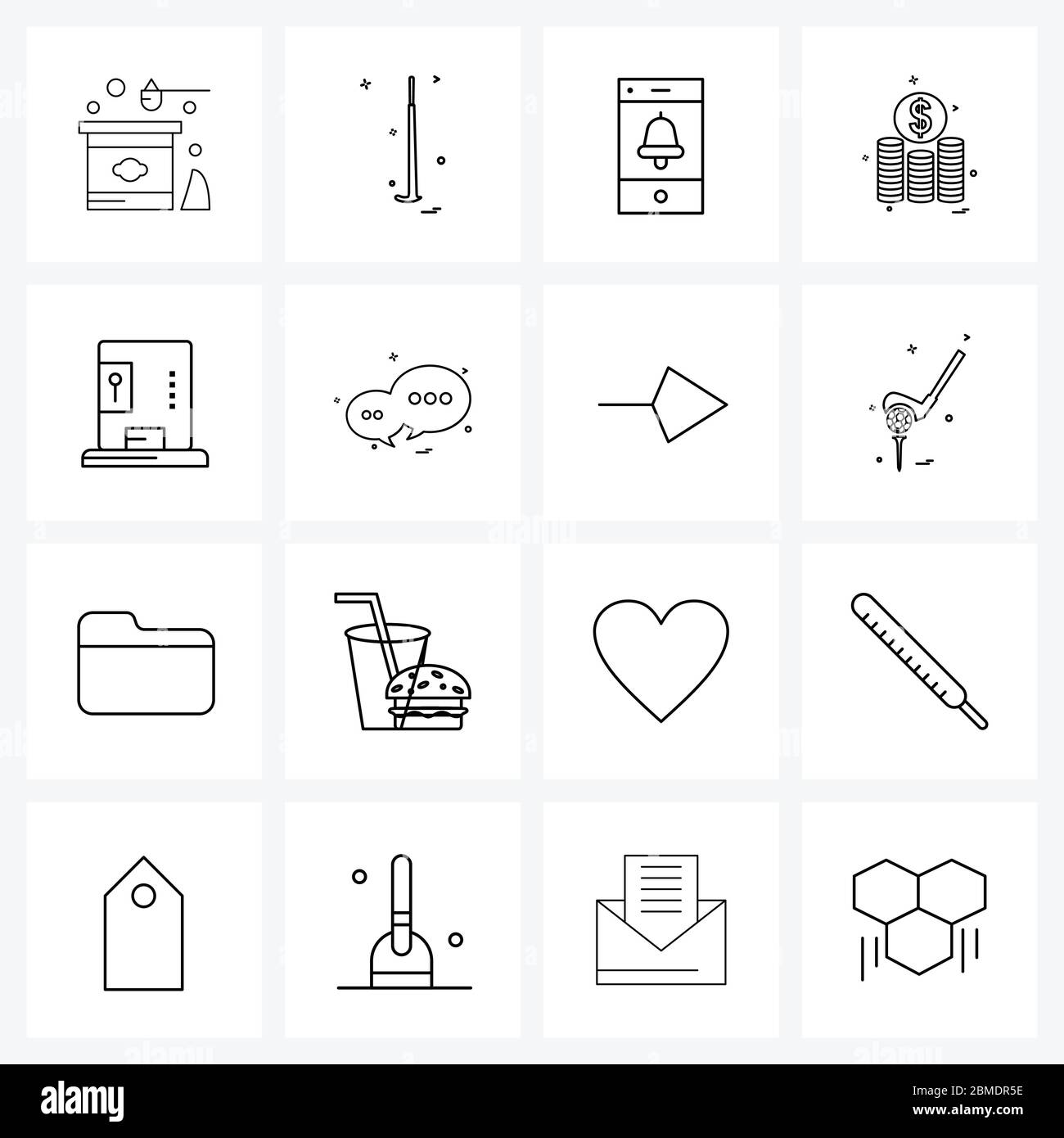 Set di stile moderno di 16 linee Pictograph griglia a base di dessert, caramelle, estate, monete, soldi Illustrazione vettoriale Illustrazione Vettoriale