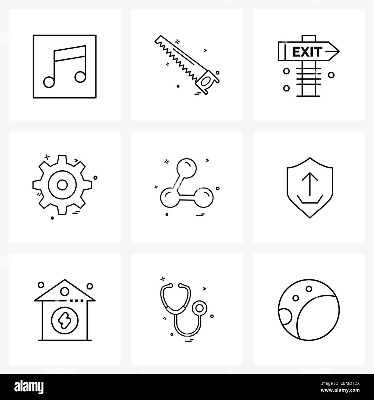 Set di icone di linea di 9 simboli moderni di protezione, ui, uscita, condivisione, motore illustrazione vettoriale Illustrazione Vettoriale