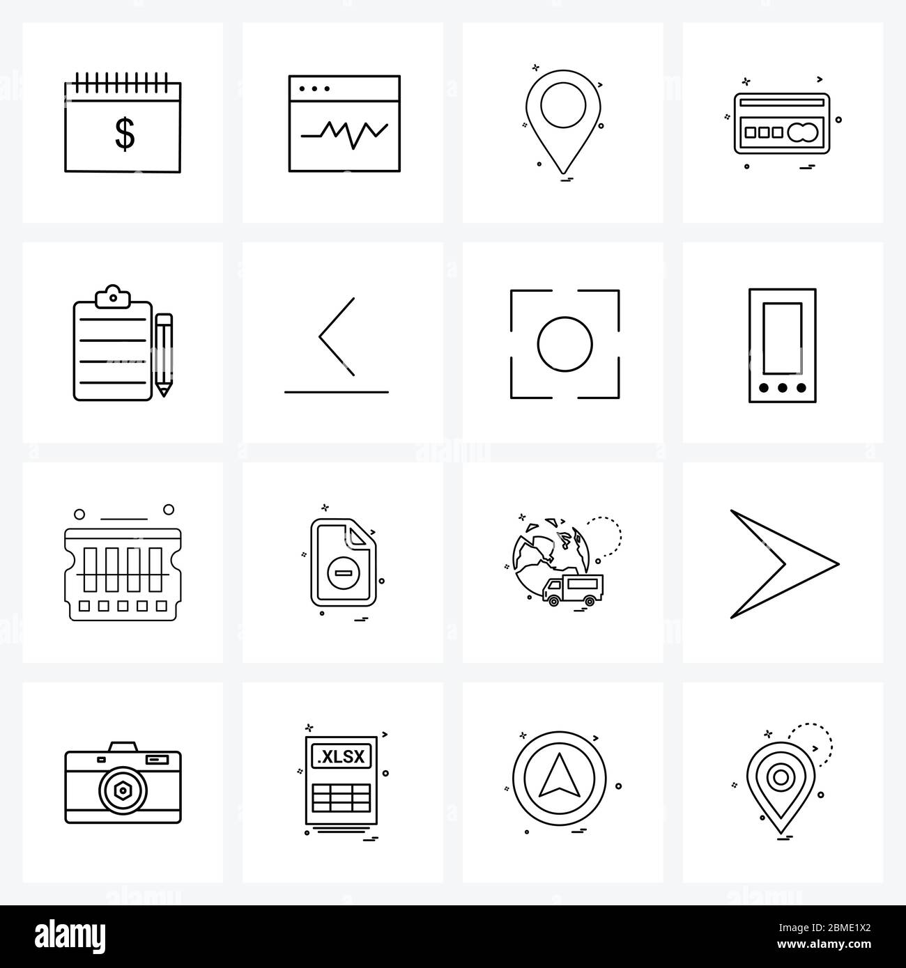 16 linea di interfaccia icone Set di simboli moderni su appunti, appunti con matita, web, carta di credito, carta di credito Vector Illustrazione Illustrazione Vettoriale
