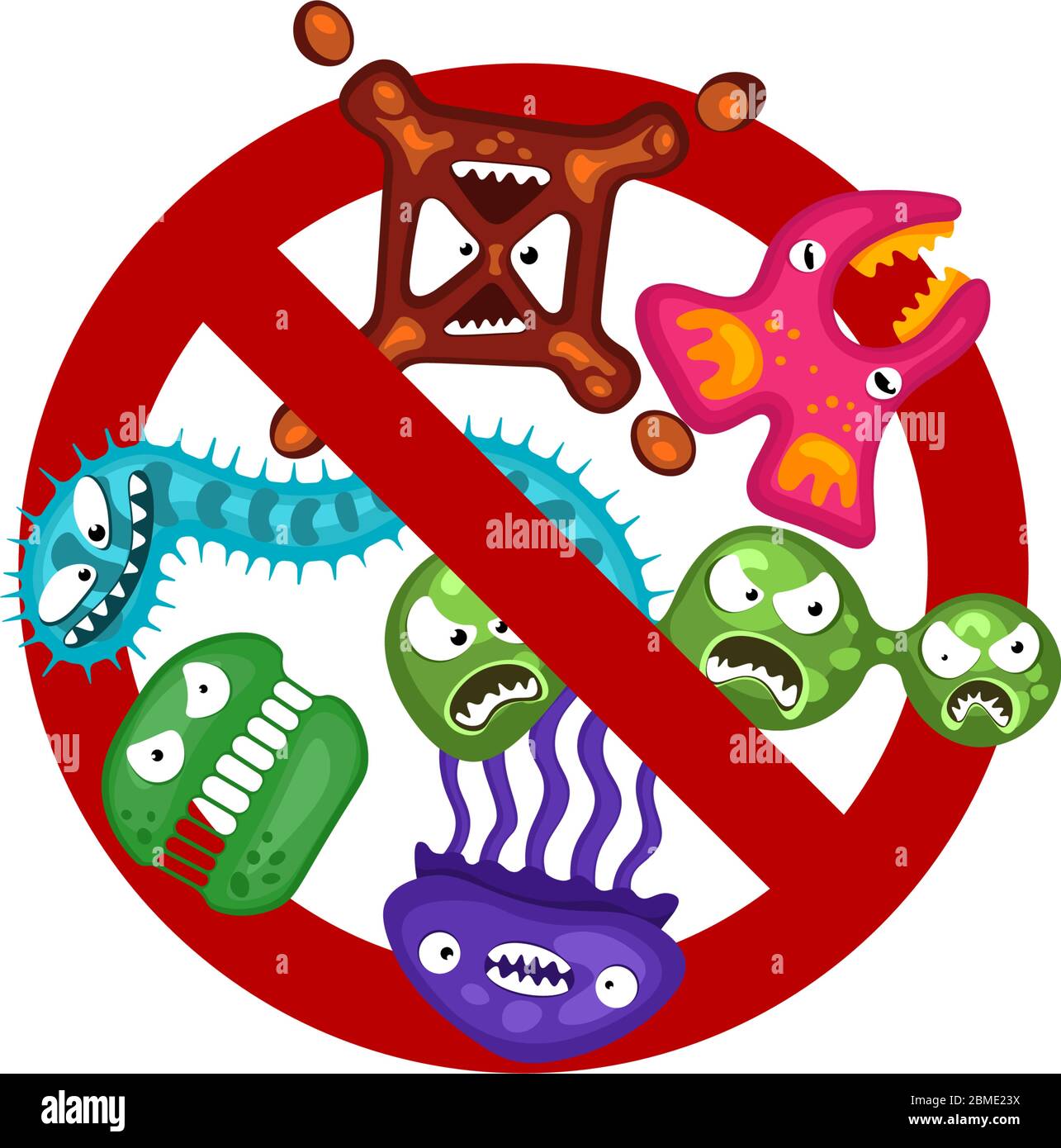 Stop virus sparso segno. Cartoni animati germi caratteri vettore isolato eps illustrazione su sfondo bianco. Pericolo di infezione da batterio carino. Protezione da virus e malattie microbiche Illustrazione Vettoriale