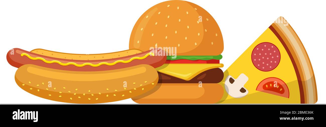Menu veloce da asporto pranzo a pranzo. Fetta di pizza con gustoso hamburger e hot dog. Illustrazione vettoriale eps isolato in piano Illustrazione Vettoriale