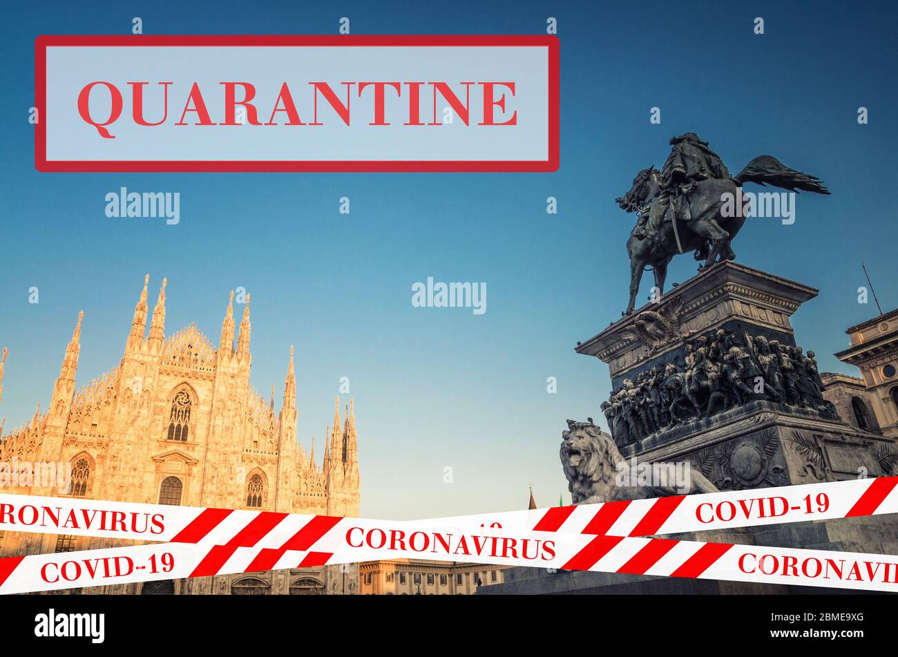 Quarantena in Italia. Duomo di Milano, centro storico di Milano. Nessun concetto di viaggio e blocco. Epidemia di coronavirus concetto pandemico Covid-19. Vacanza turistica annullata. Nastro barriera. Foto Stock