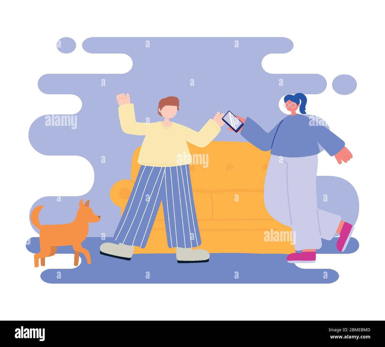 attività della gente, coppia in soggiorno con cane e smartphone illustrazione vettoriale Illustrazione Vettoriale