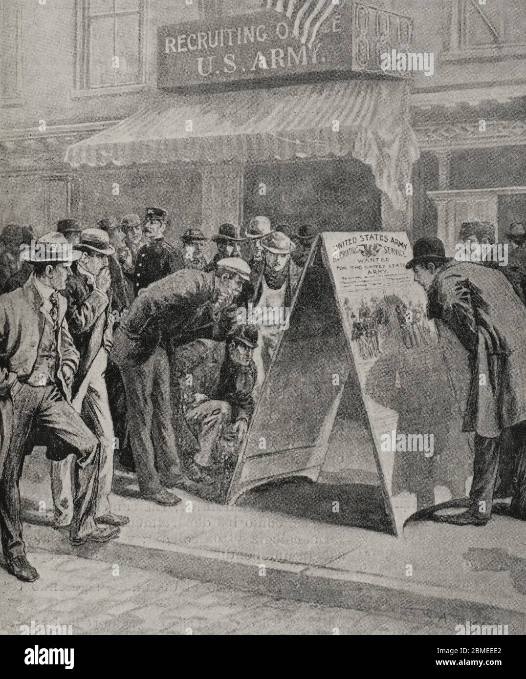 Guerra hispano-estadounidense o Guerra de Cuba. España y Estados Unidos en 1898, resultado de la intervención norteamericana en la Guerra de independencia cubana. Estados Unidos. Preparativos de guerra a raiz de la voladura del 'maine'. Centro de refriento en Nueva York, mediante cartelones ilustrados con viñetas. Fotogrado. La Ilustración Española y americana, 15 de abril de 1898. Foto Stock