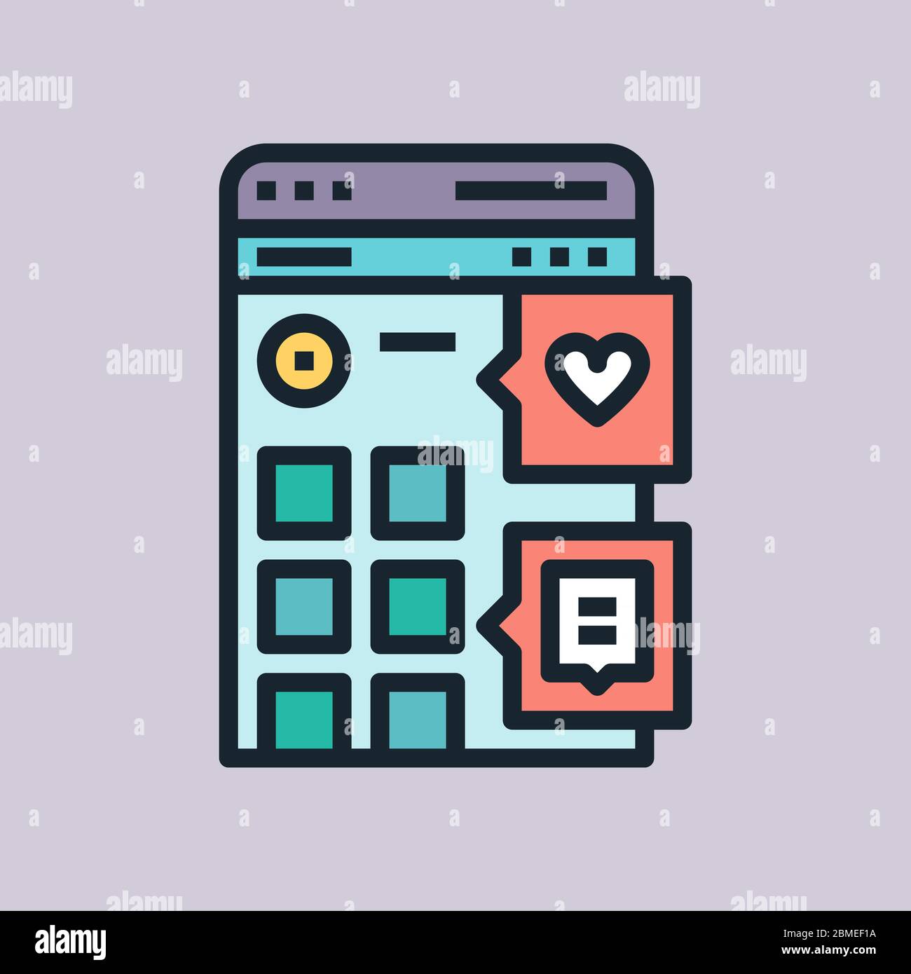 Profilo dei social media. Illustrazione concettuale, banner di stile lineare dal design piatto. Utilizzo di newsletter, intestazioni, post di blog, stampa e altro ancora. Vettore Illustrazione Vettoriale