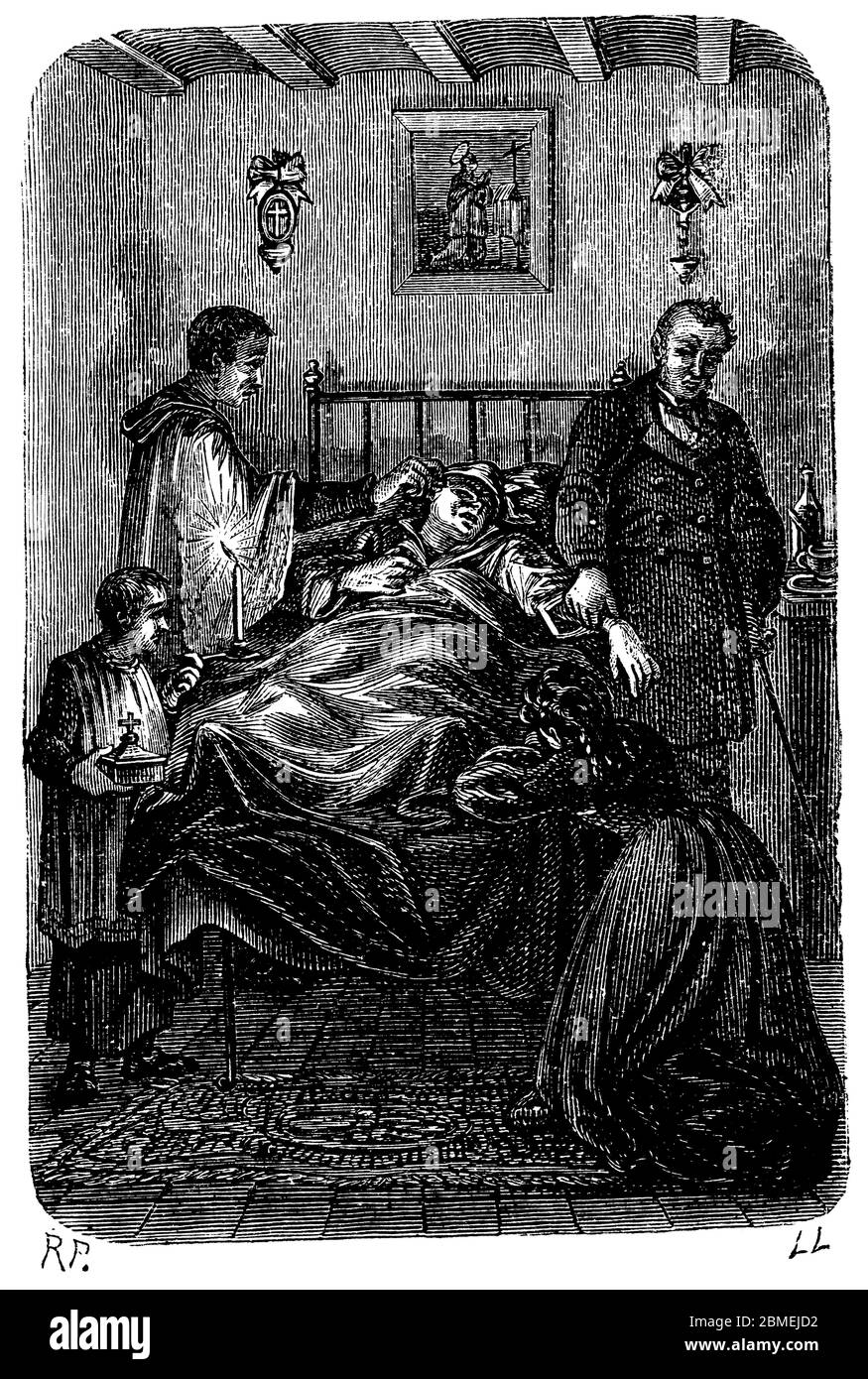 Los Sacramentos de la religión cristiana. Un sacerdote unge un moribundo con los óleos sagrados dandole la extremaunción. Grabado de 1873. Foto Stock