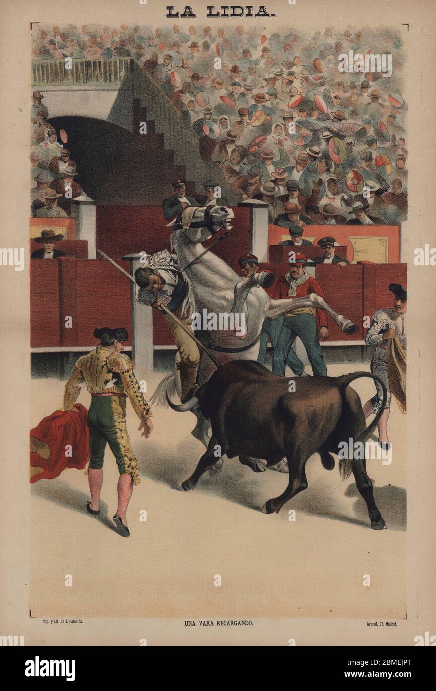La lidia. Una vara recargando. Un picador inclinado sobre el cuello del caballo castigando al toro con una vara. Año 1888. Foto Stock