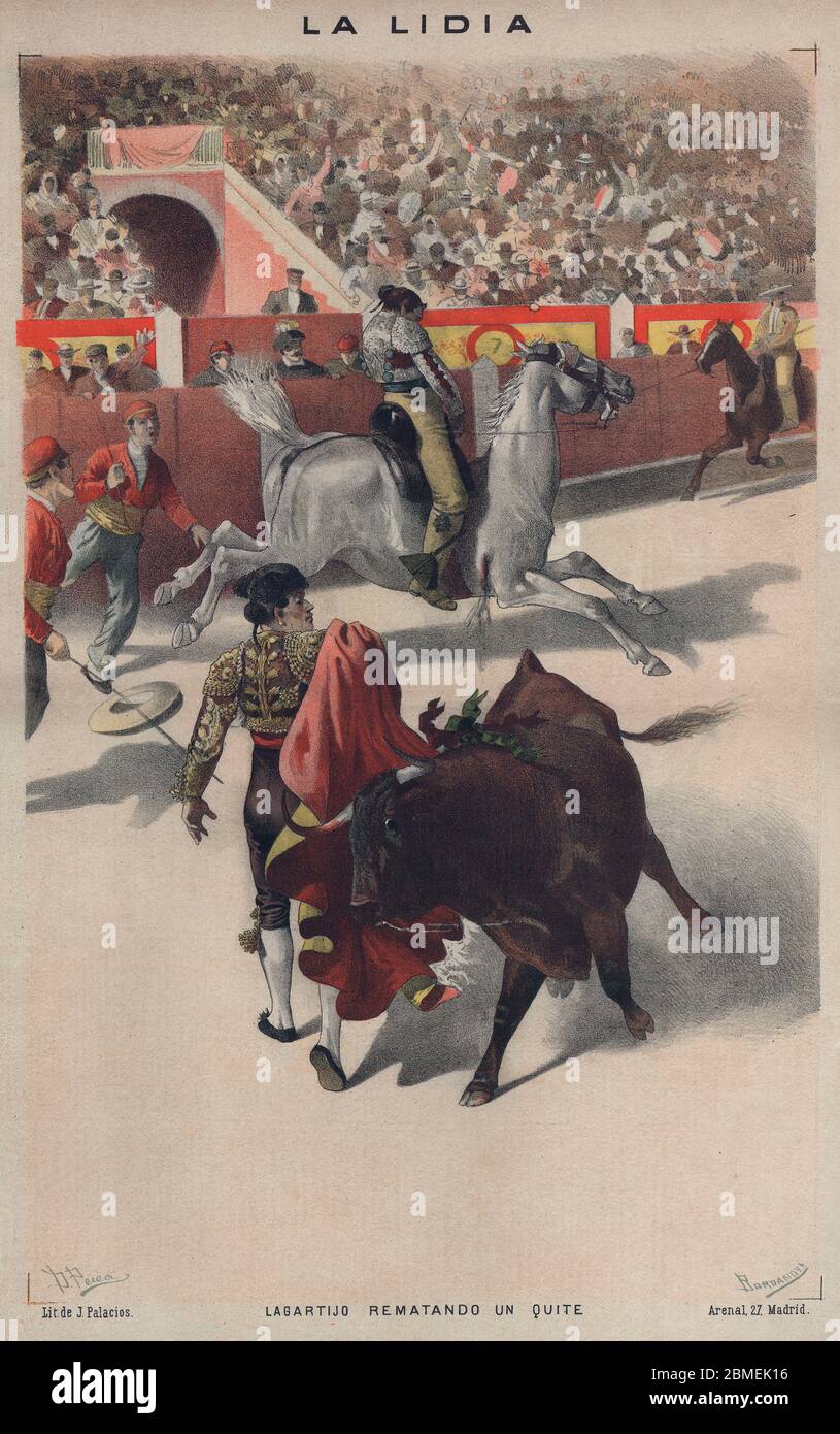 La lidia. El diestro Rafael Molina Sánchez (1841-1900), Lagartijo, rematando un abbastanza. Año 1886. Autore: Daniel Perea y Rojas. Foto Stock