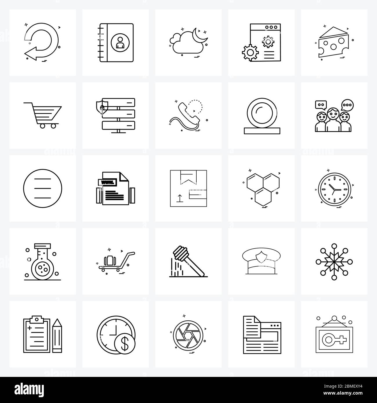 25 icona linea di interfaccia insieme di simboli moderni su cibo, formaggio, nuvola, attrezzi, impostazione illustrazione vettoriale Illustrazione Vettoriale
