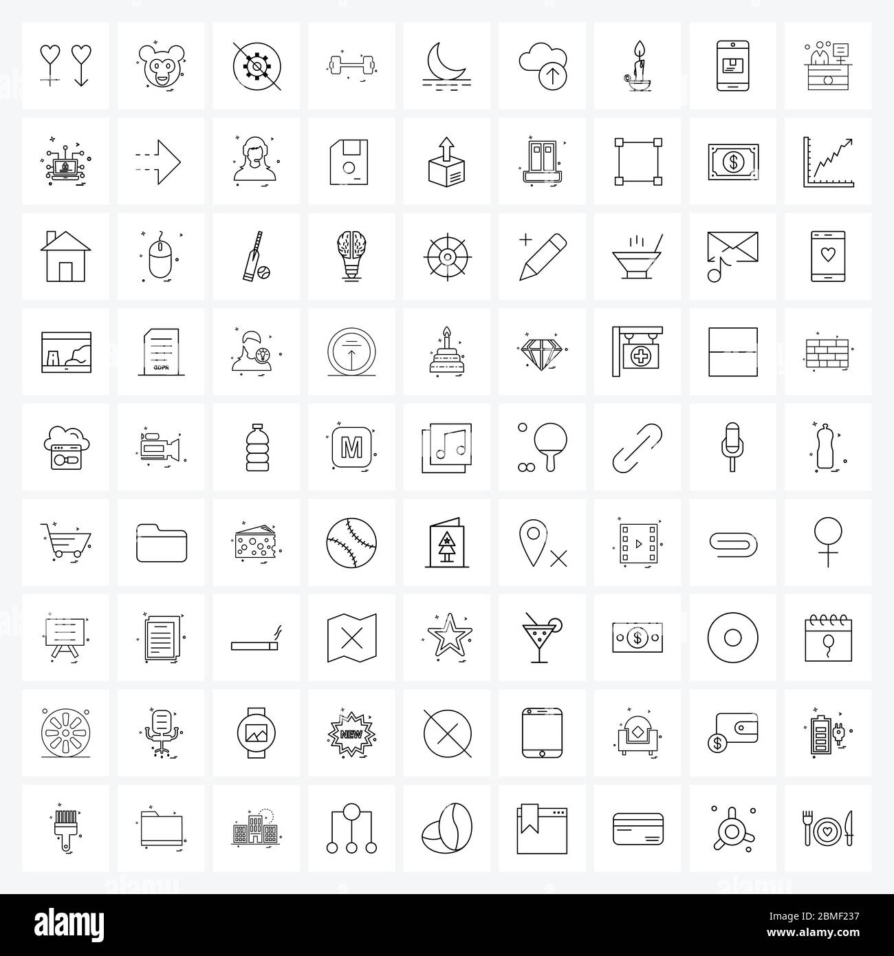 Semplice set di 81 icone linea come luna, fitness, fitness, palestra Vector Illustration Illustrazione Vettoriale